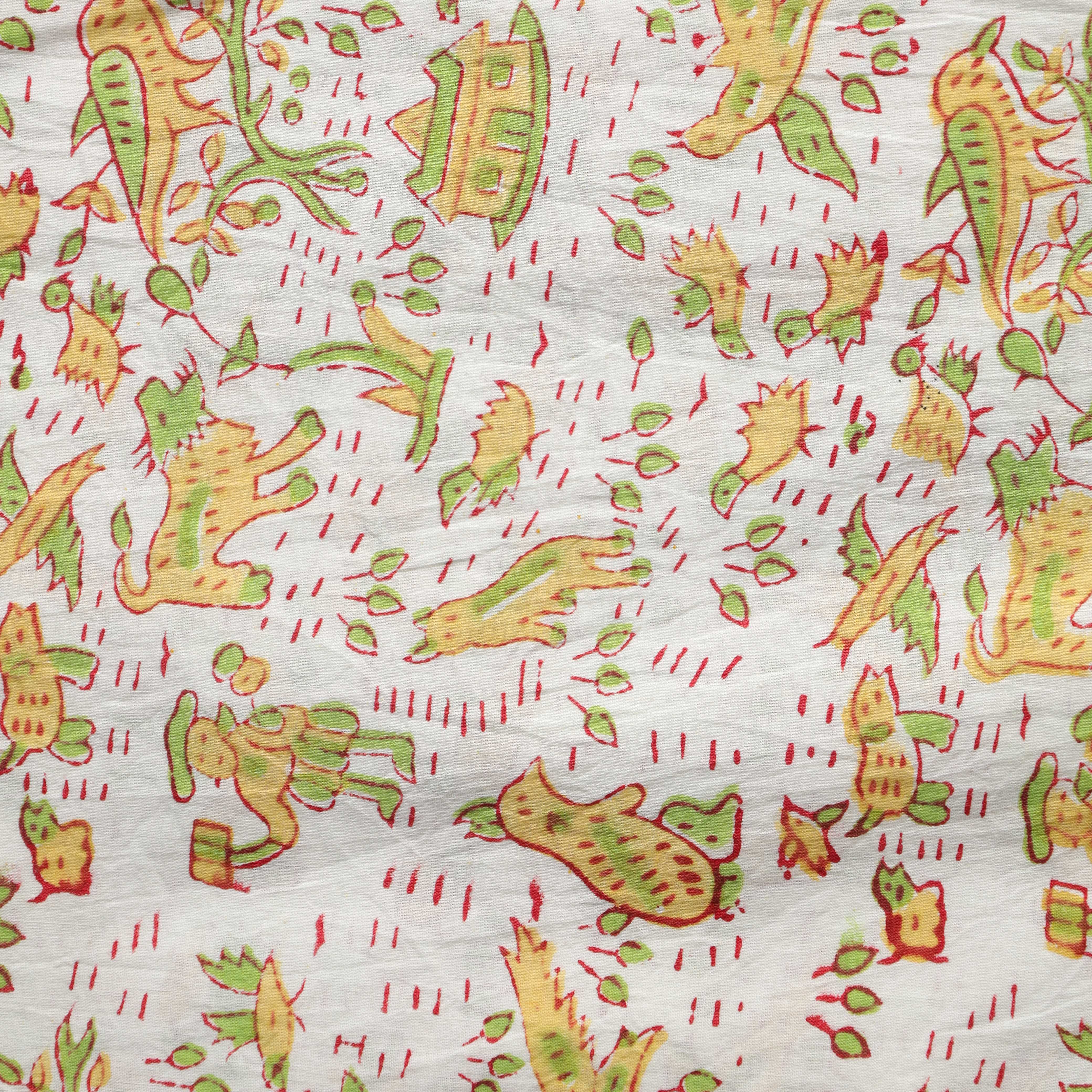 Artisan Hand Block Printed Cotton Fabric - Folk Motif in Ochre and Sage