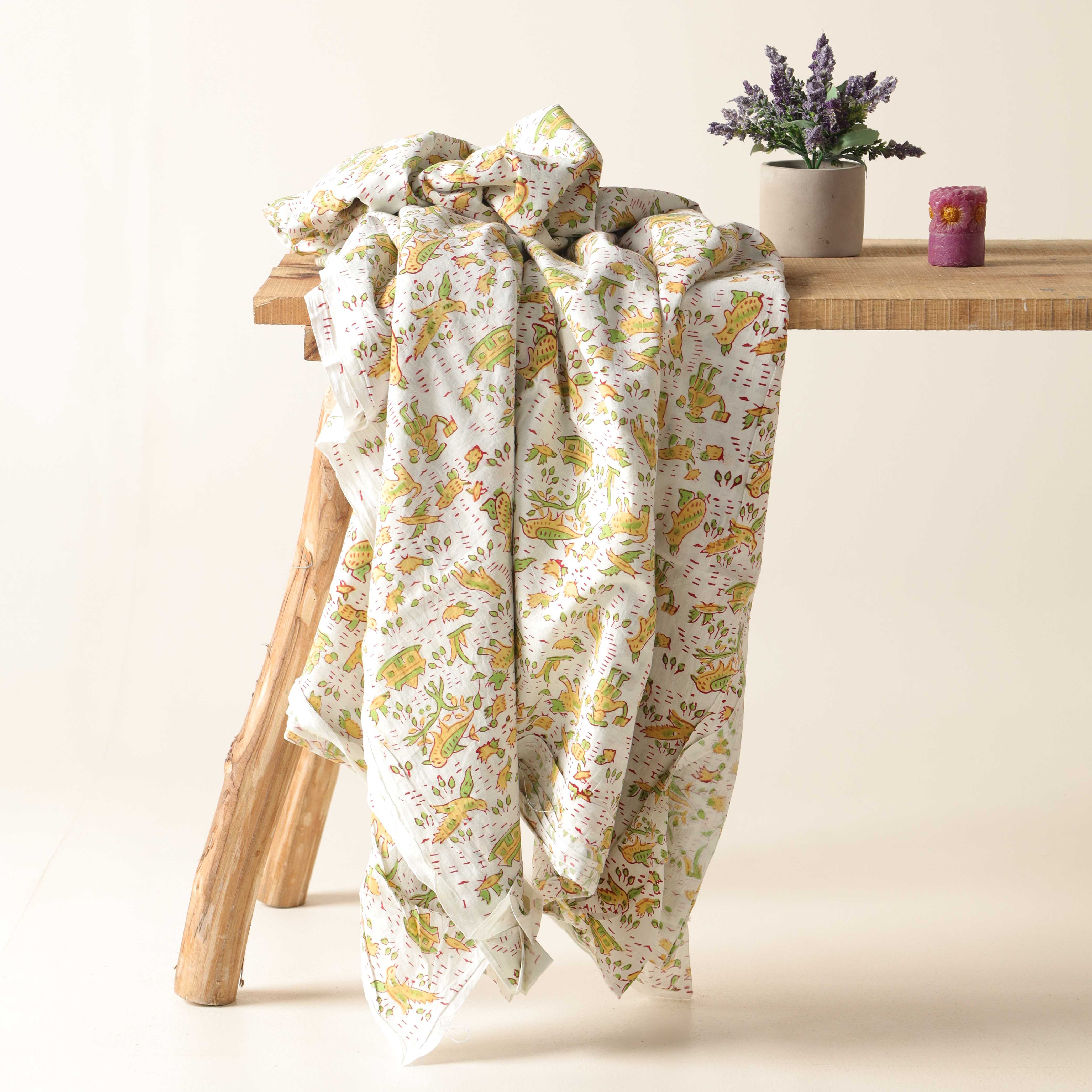 Artisan Hand Block Printed Cotton Fabric - Folk Motif in Ochre and Sage