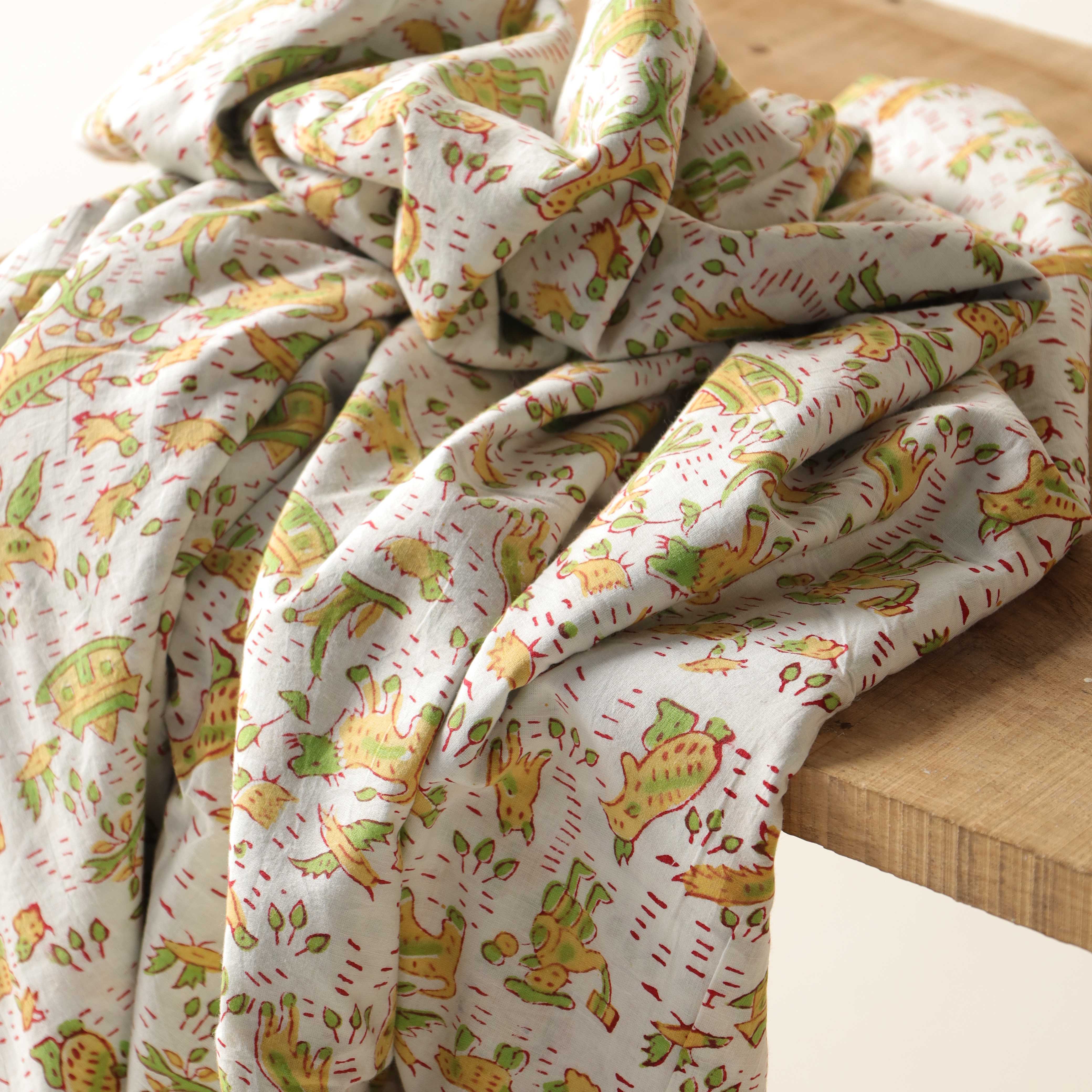 Artisan Hand Block Printed Cotton Fabric - Folk Motif in Ochre and Sage