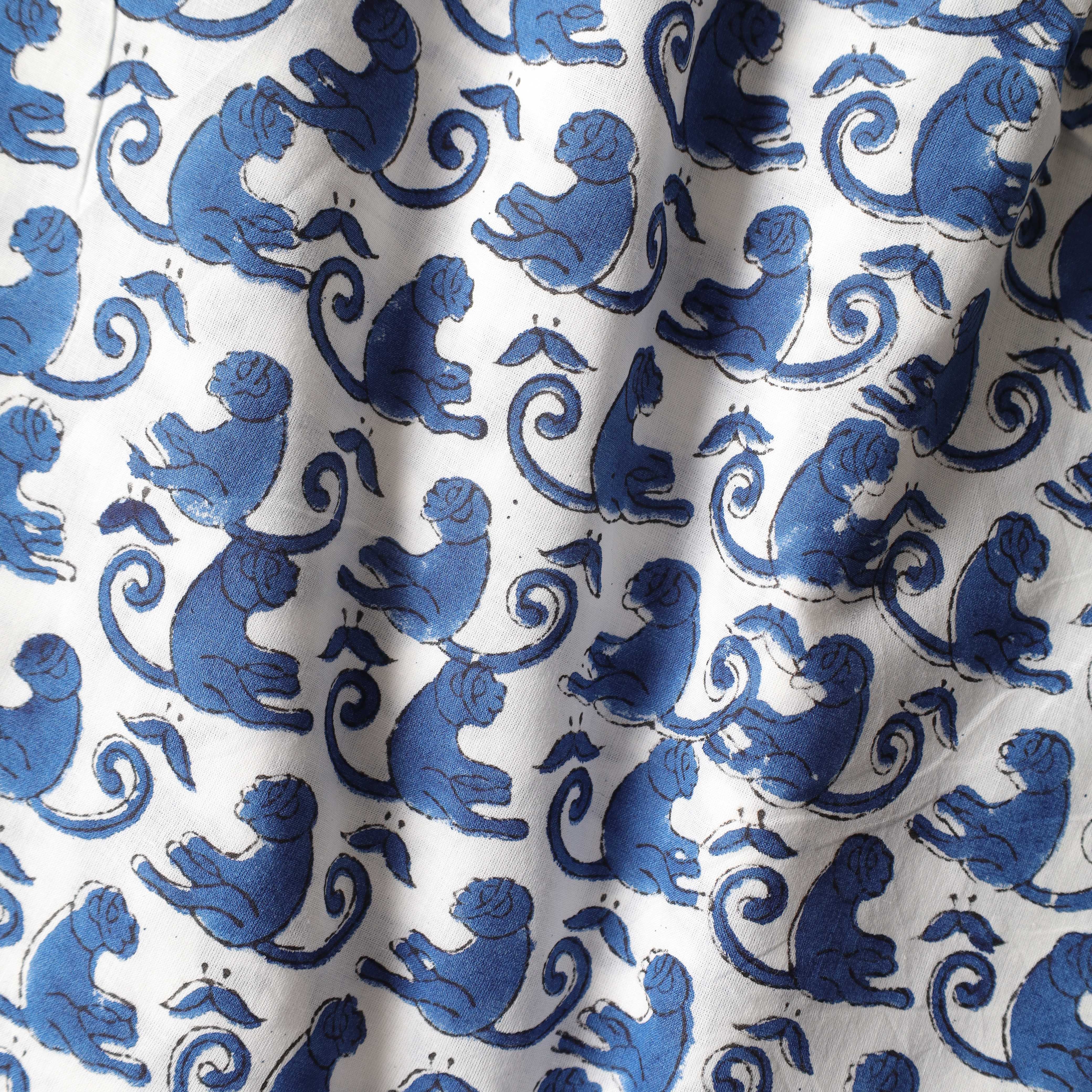 Artisan Hand Block Printed Cotton Fabric - Indigo Monkey Motif