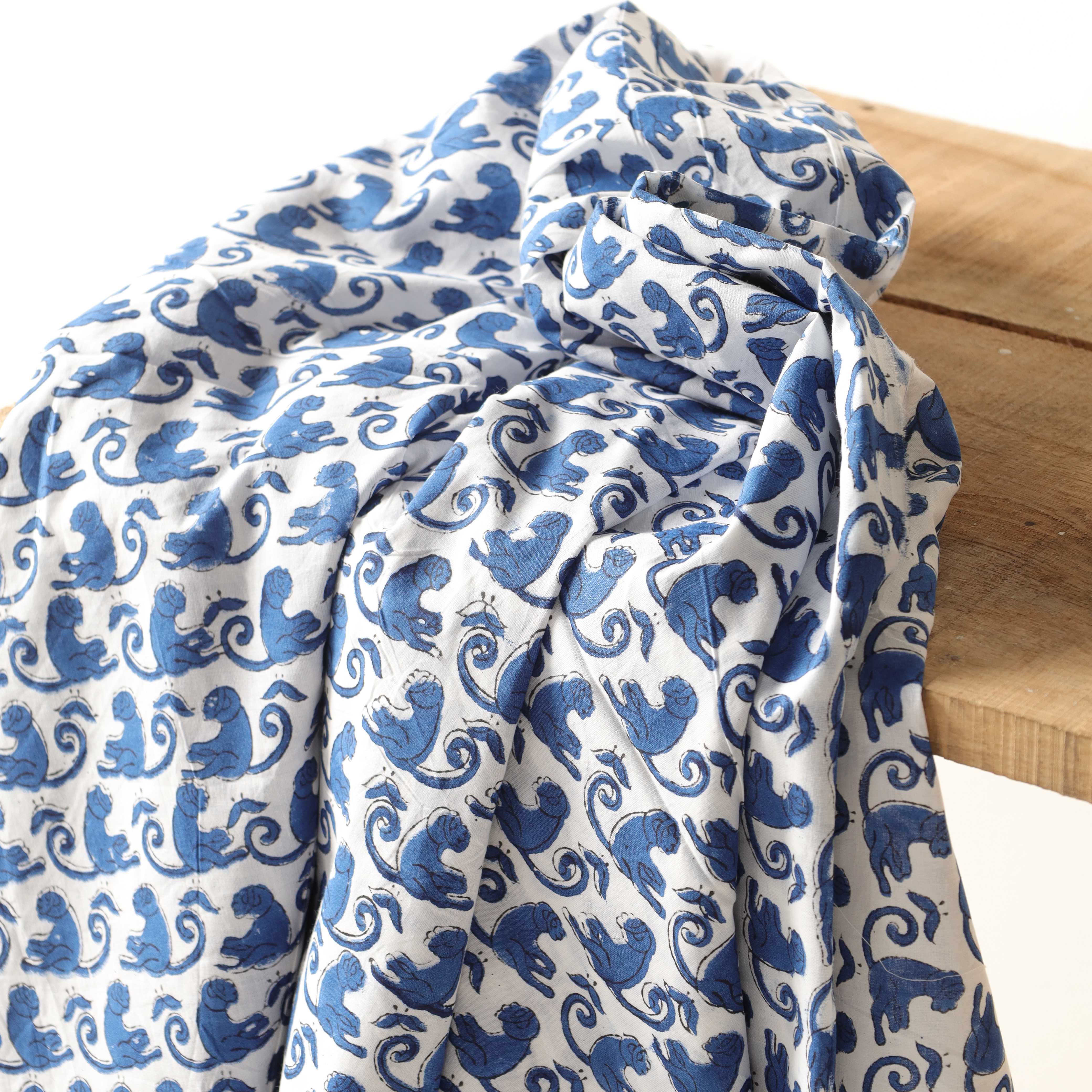 Artisan Hand Block Printed Cotton Fabric - Indigo Monkey Motif