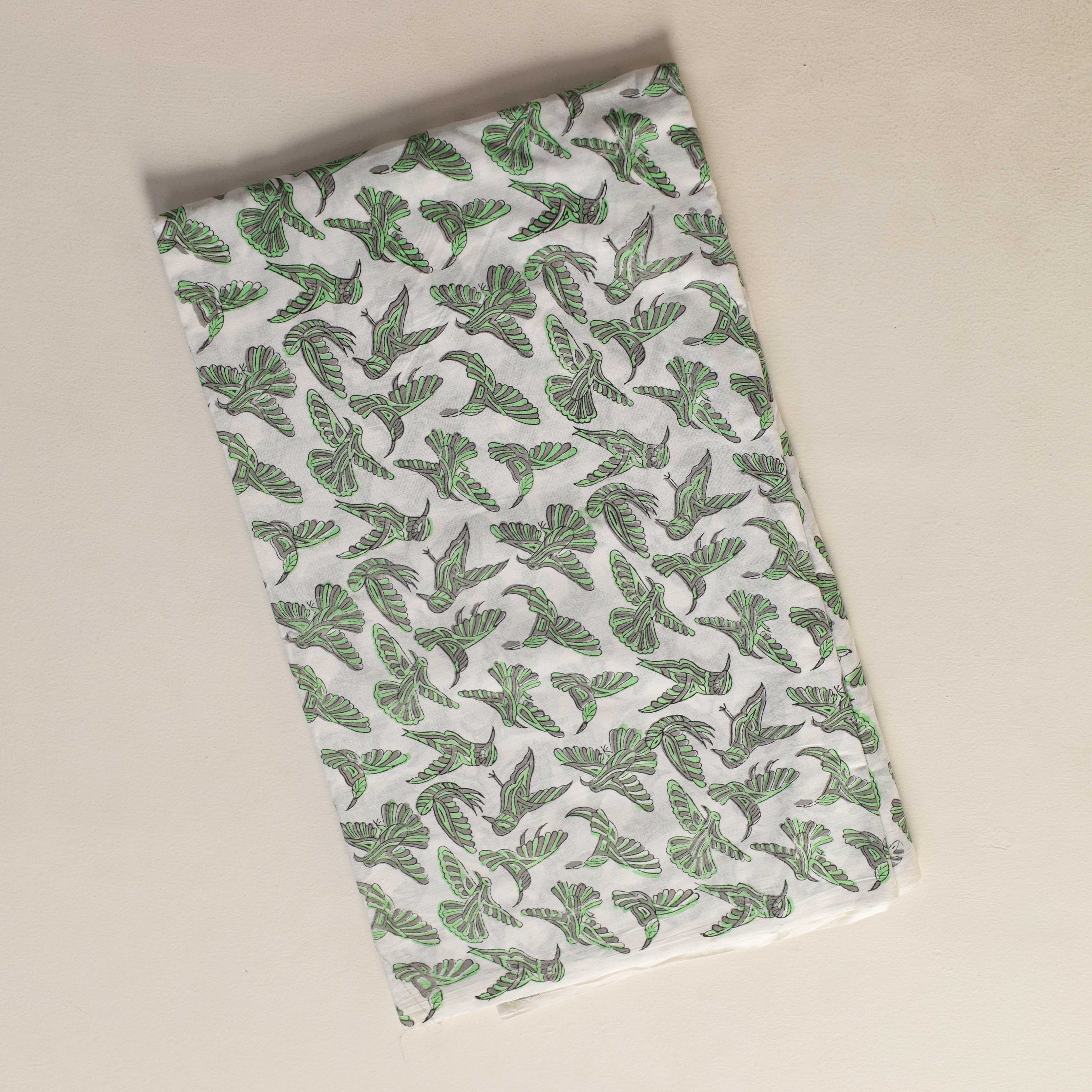 Artisan Hand Block Printed Cotton Fabric - Geometric Hummingbird in Sage & Slate