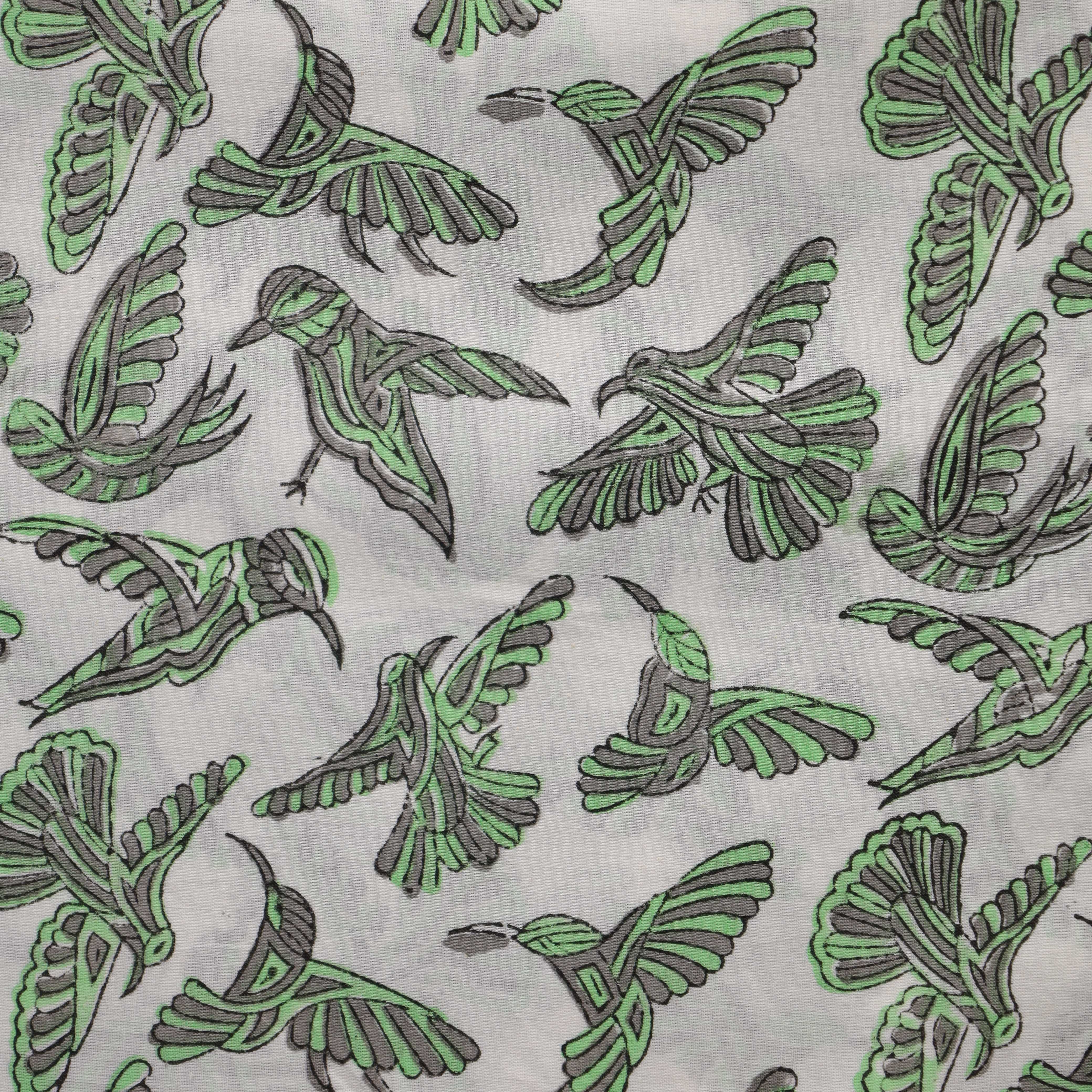 Artisan Hand Block Printed Cotton Fabric - Geometric Hummingbird in Sage & Slate
