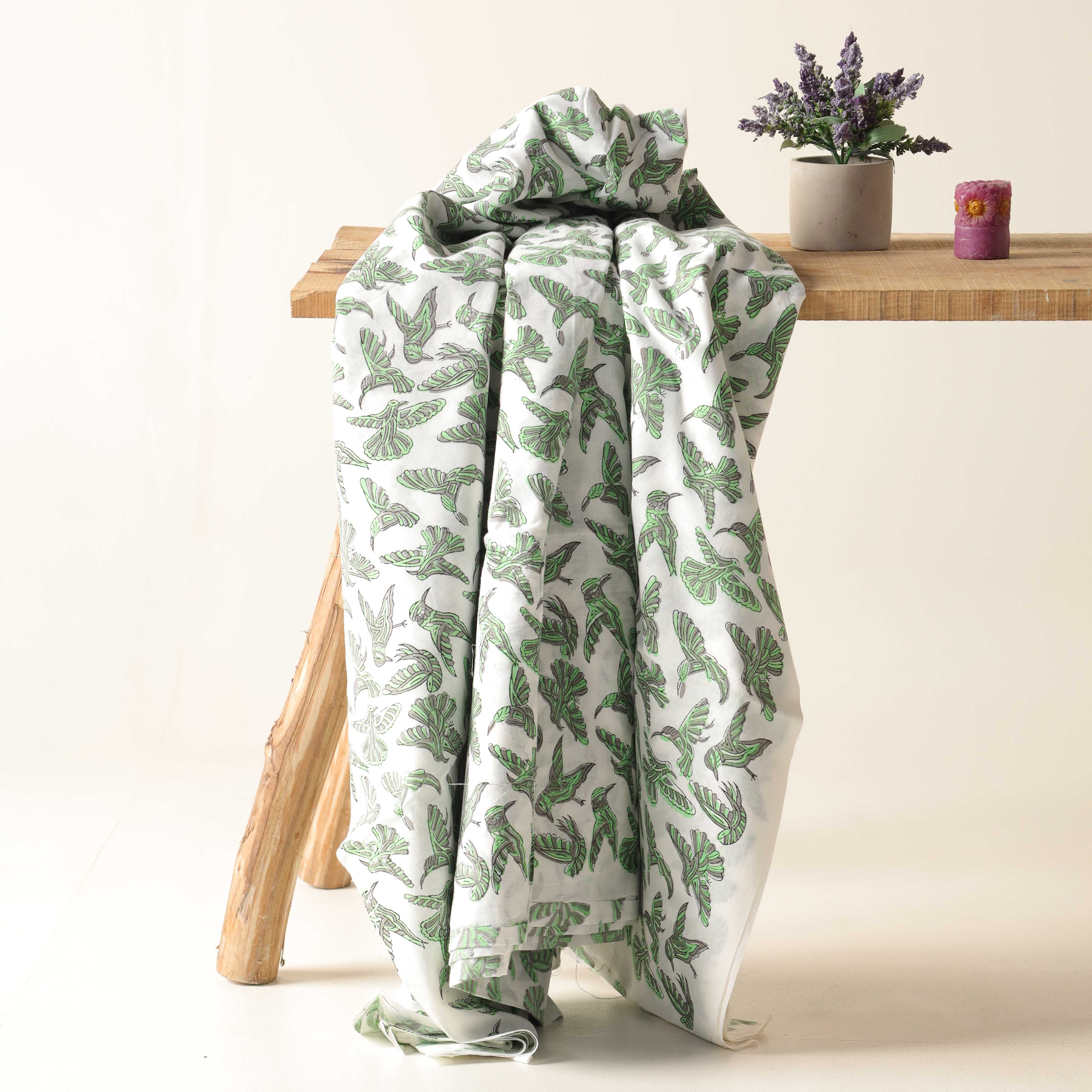 Artisan Hand Block Printed Cotton Fabric - Geometric Hummingbird in Sage & Slate