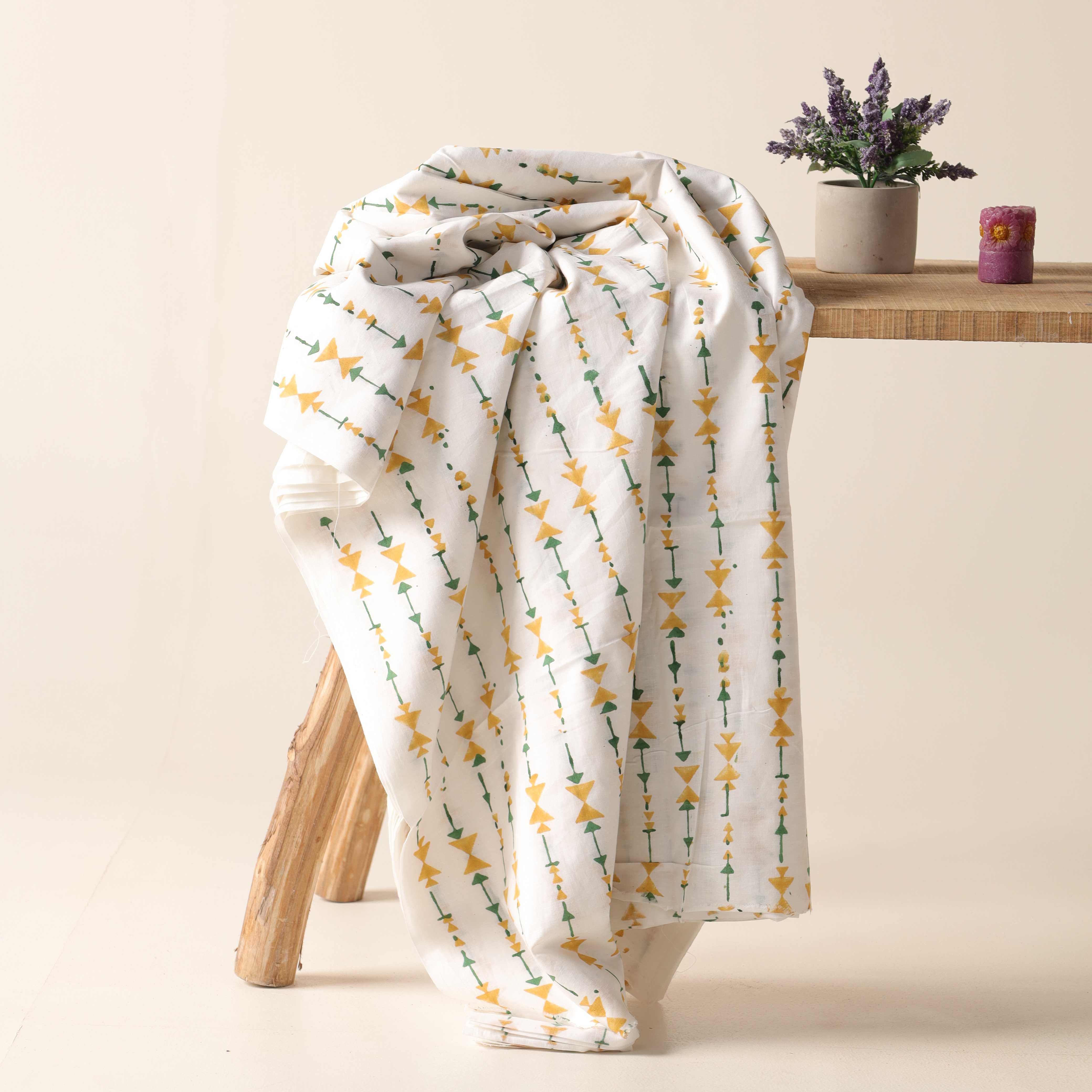 Artisan Hand Block Printed Cotton Fabric - Mustard and Sage Geometric Motif