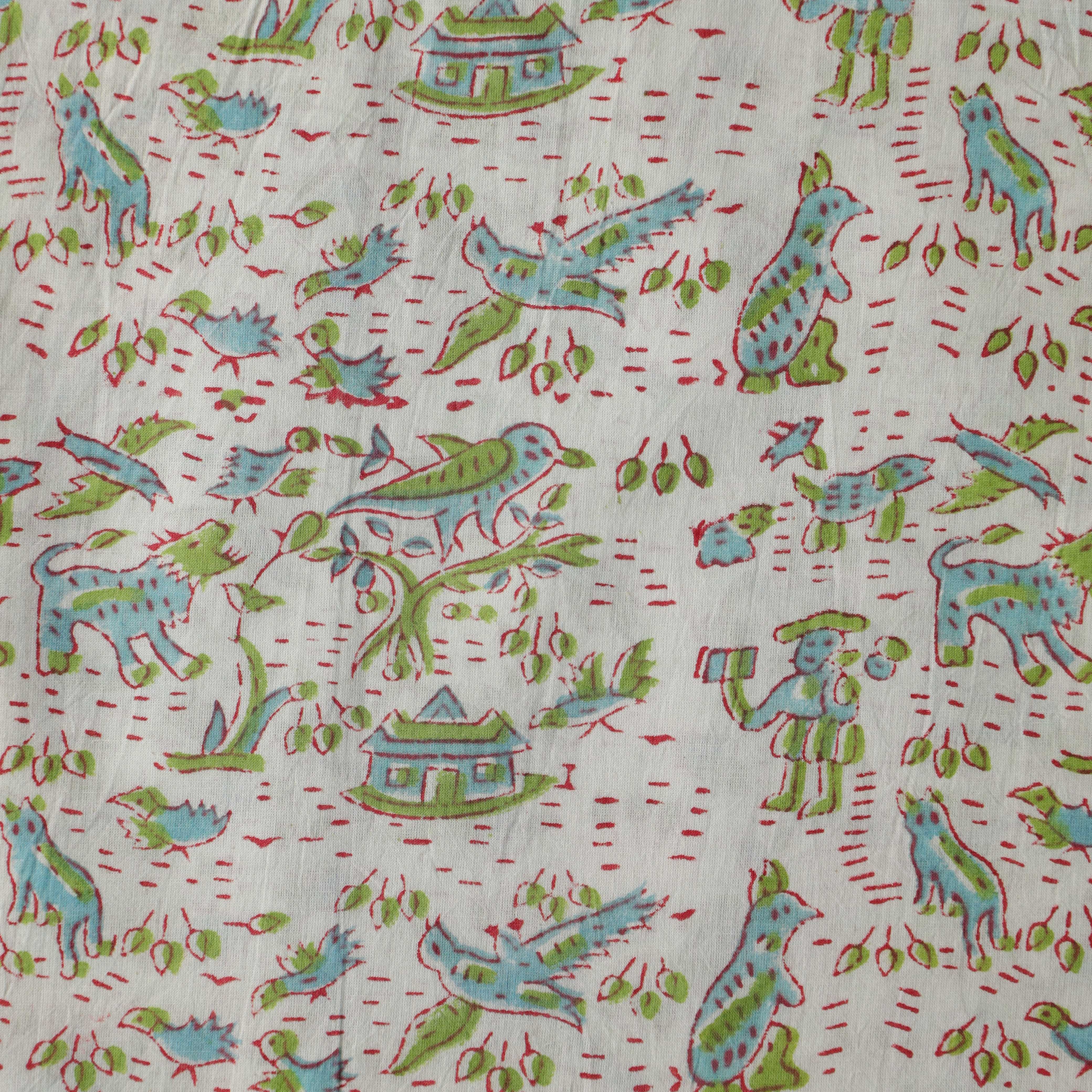 Artisan Hand Block Printed Cotton Fabric - Pastoral Village Life Motif