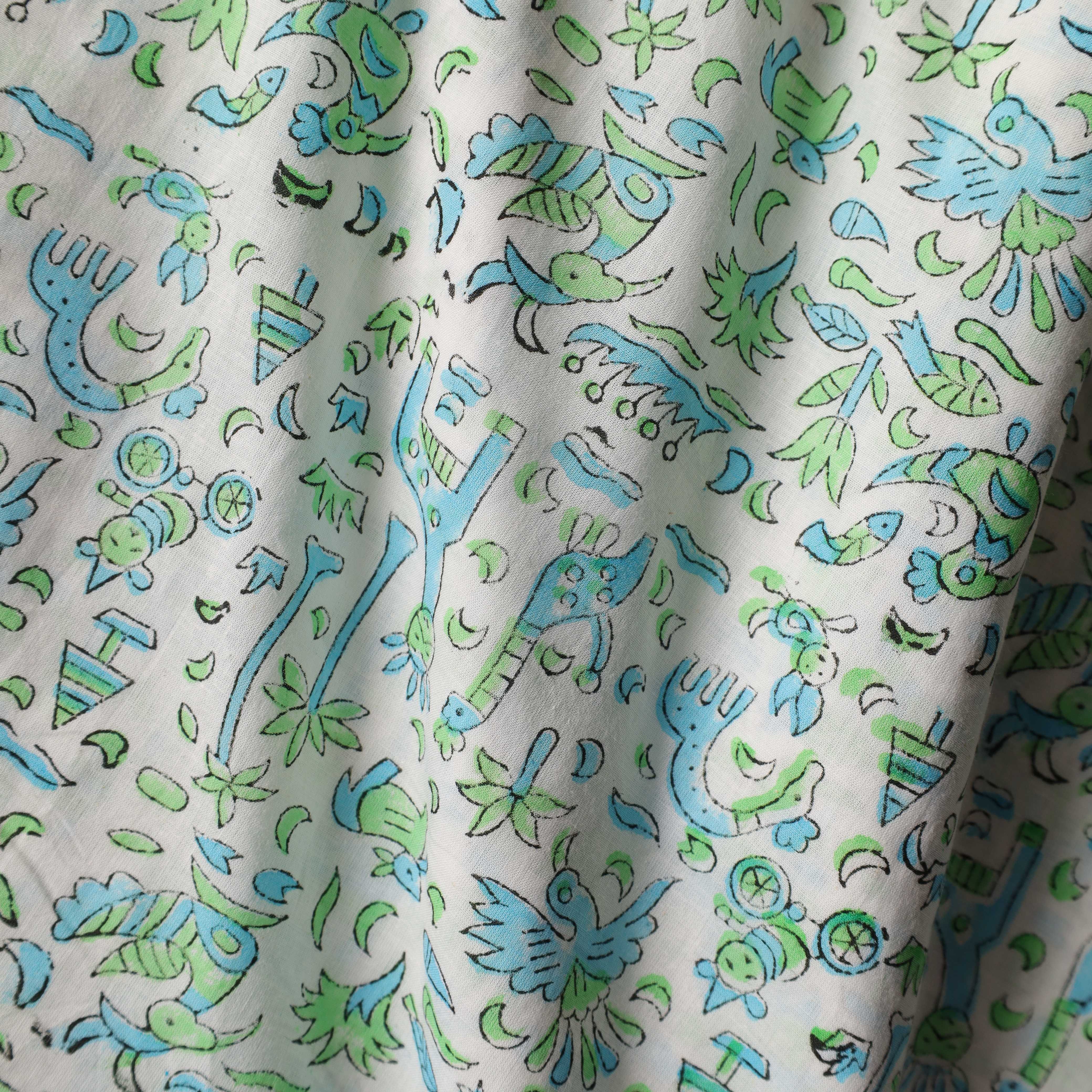 Artisan Hand Block Printed Cotton Fabric - Whimsical Safari & Flora Motif