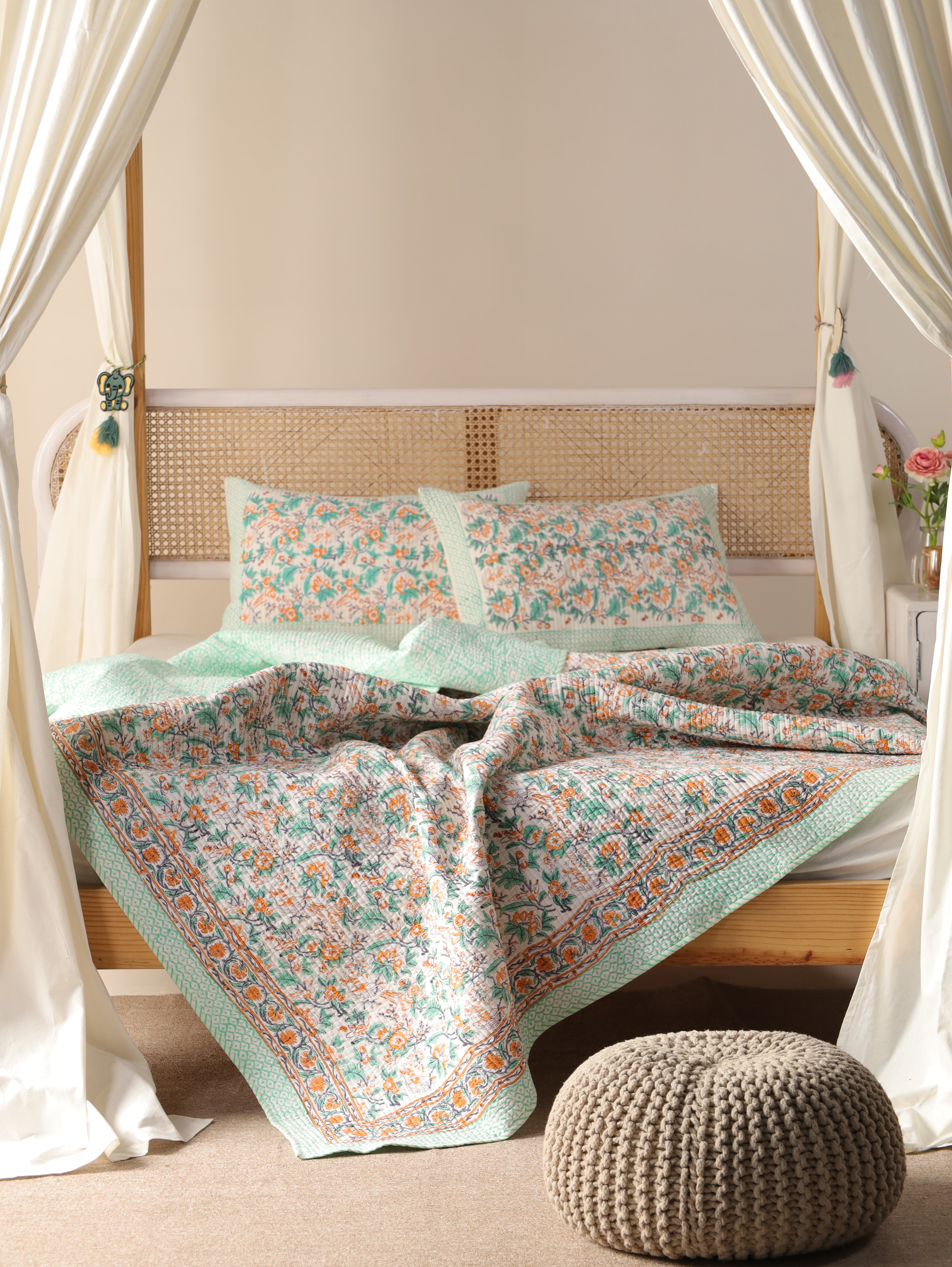 Hand Block Printed Kantha Quilt & Pillowcase Set - Queen Size, Cozy Throw Blanket