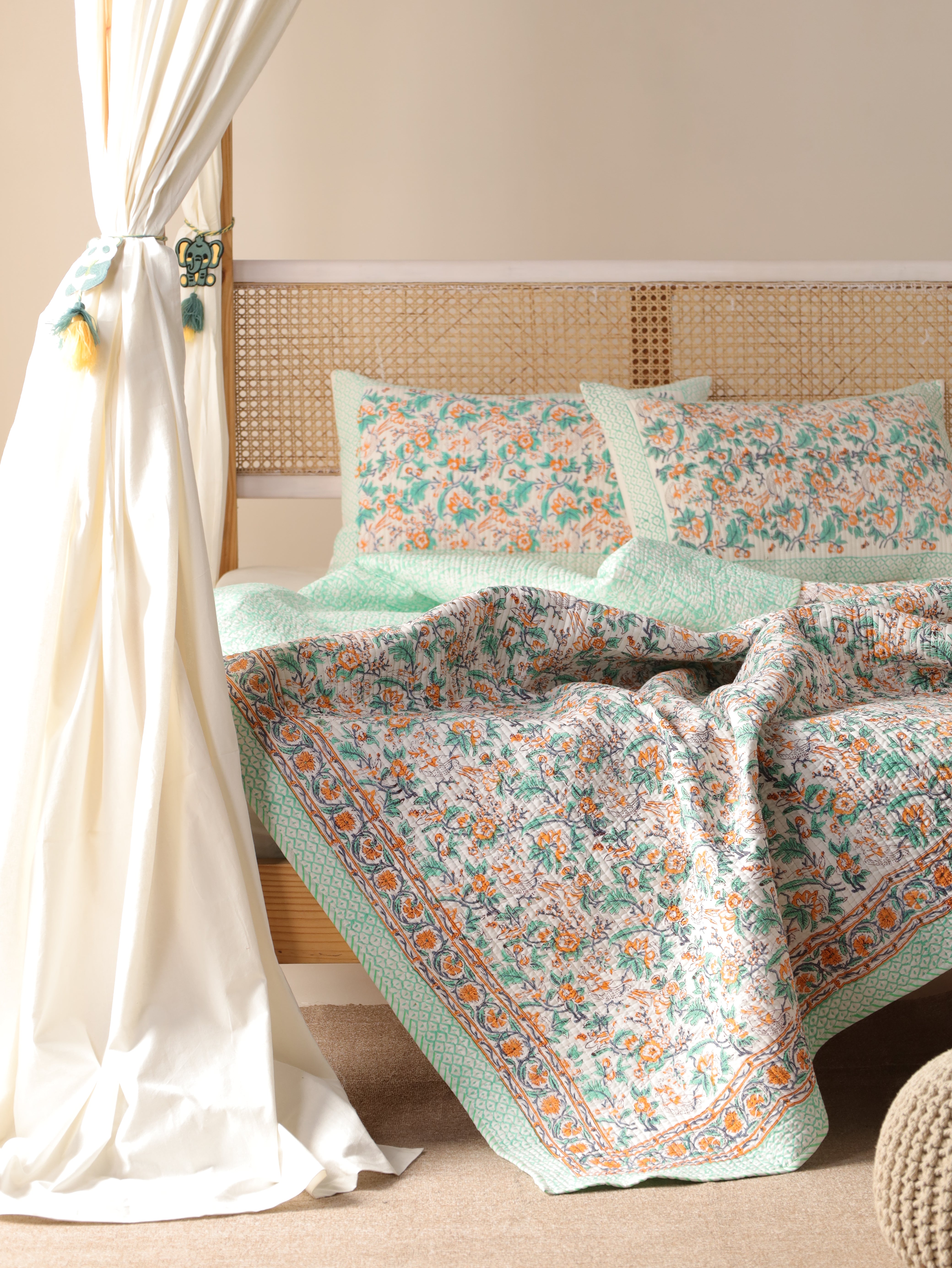 Hand Block Printed Kantha Quilt & Pillowcase Set - Queen Size, Cozy Throw Blanket