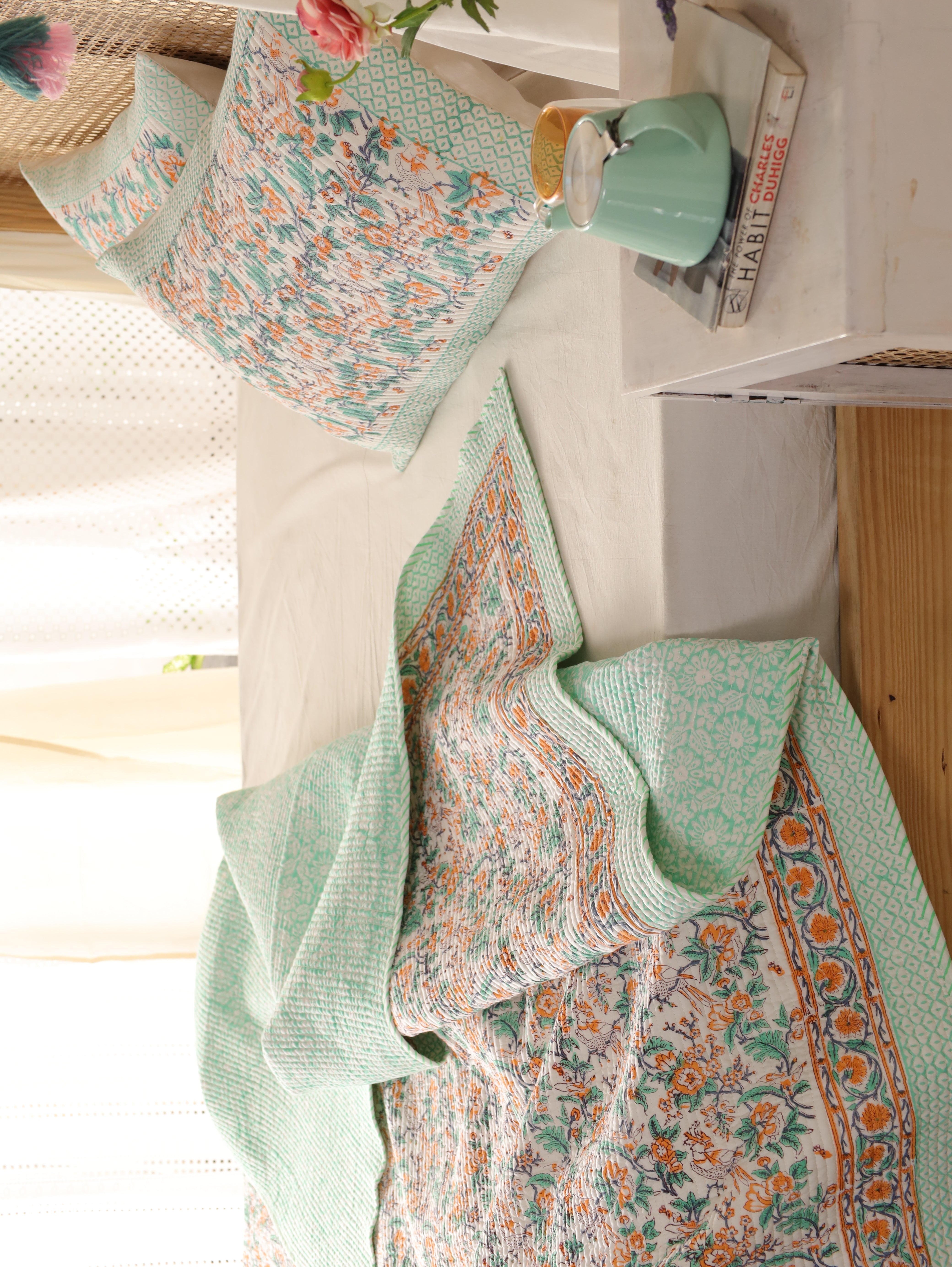 Hand Block Printed Kantha Quilt & Pillowcase Set - Queen Size, Cozy Throw Blanket