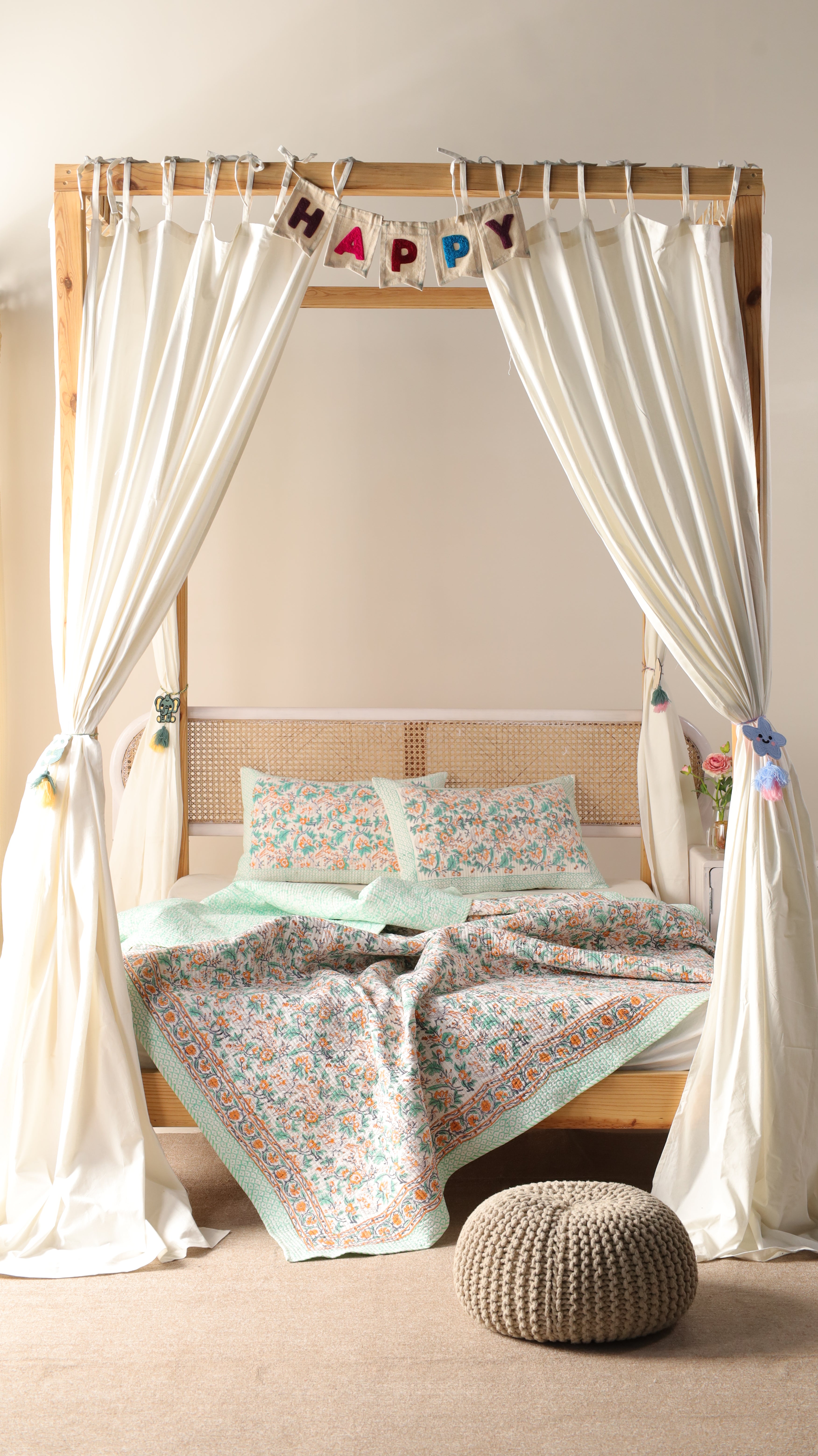 Hand Block Printed Kantha Quilt & Pillowcase Set - Queen Size, Cozy Throw Blanket