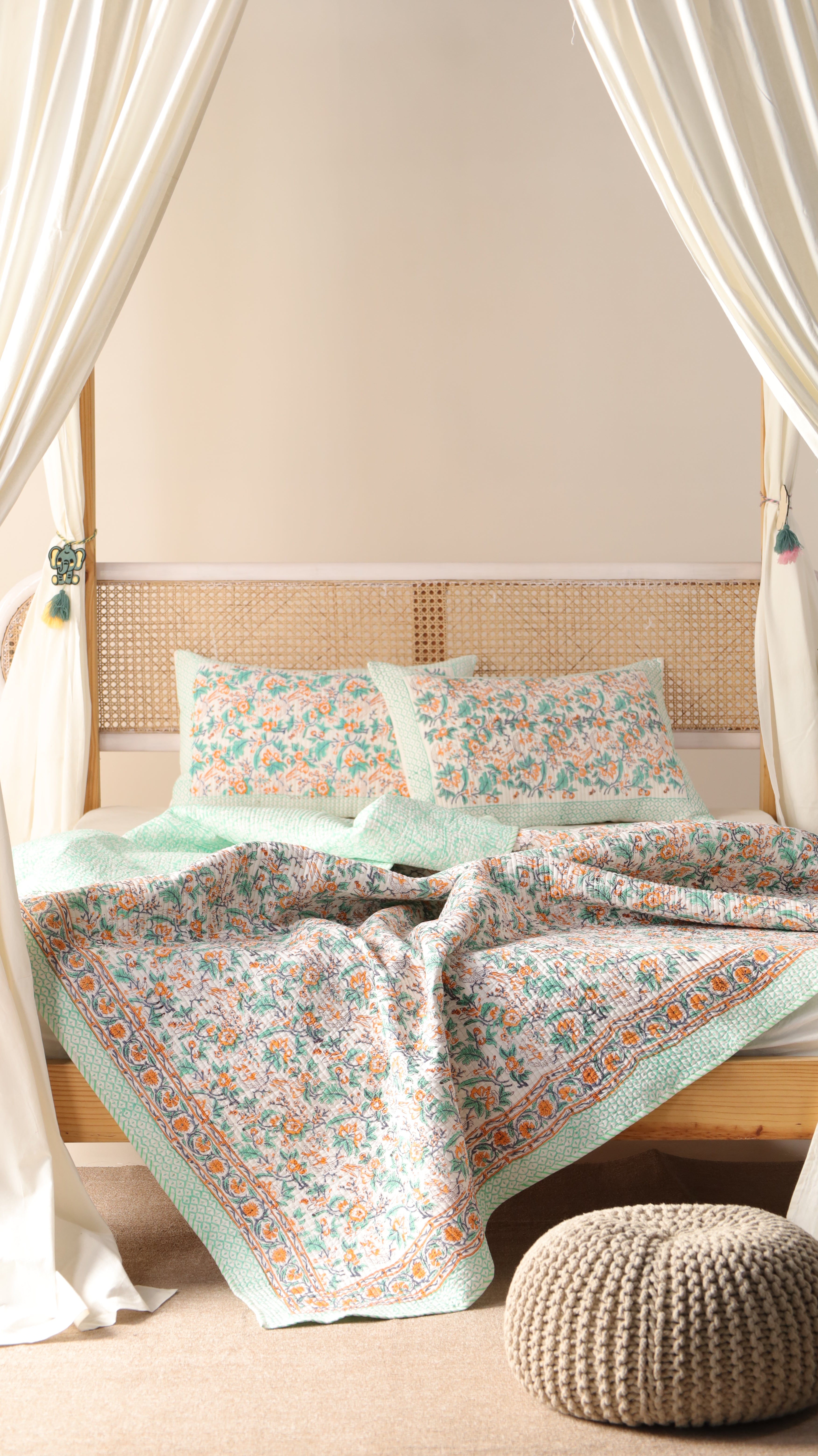 Hand Block Printed Kantha Quilt & Pillowcase Set - Queen Size, Cozy Throw Blanket