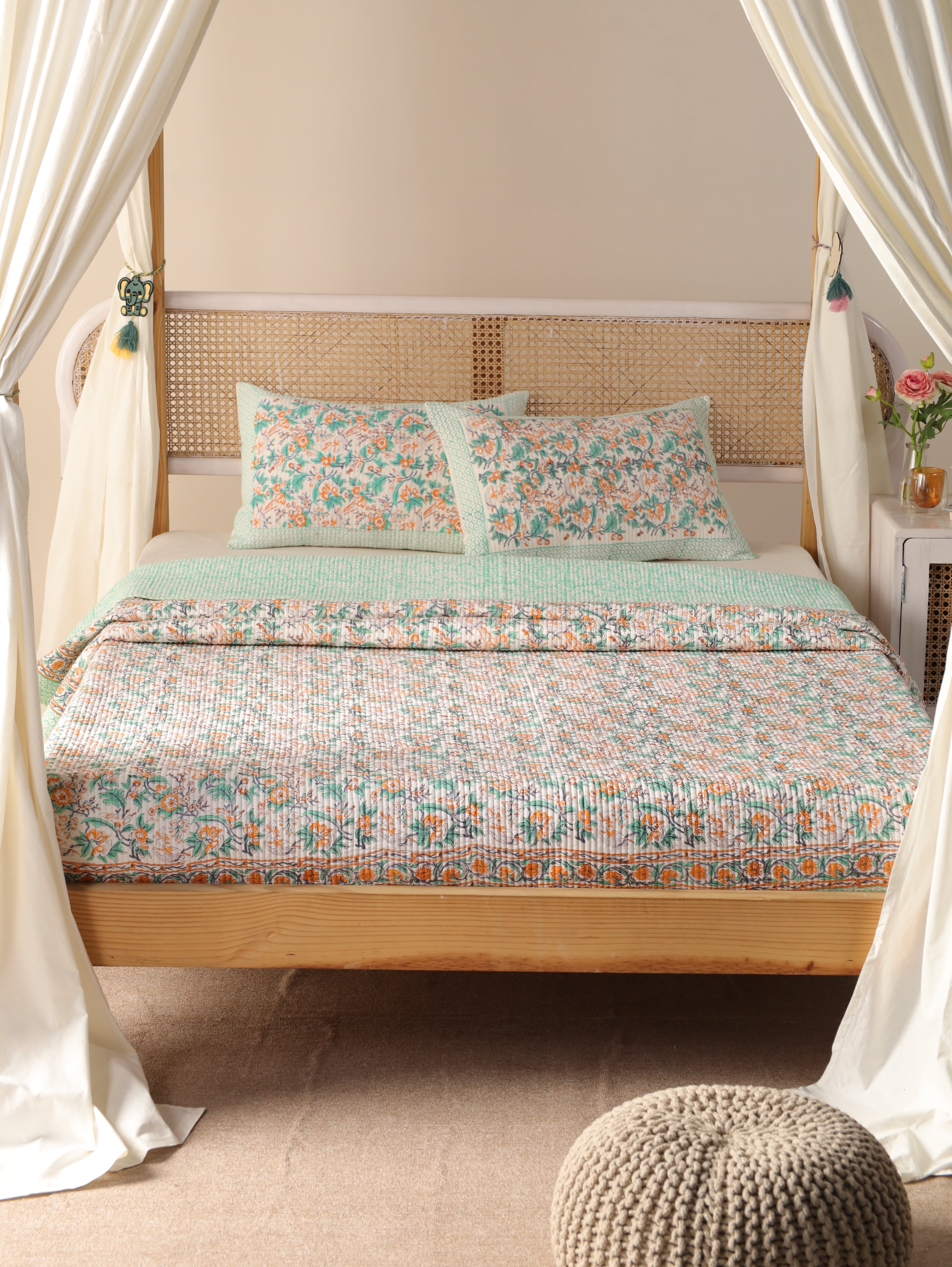 Hand Block Printed Kantha Quilt & Pillowcase Set - Queen Size, Cozy Throw Blanket