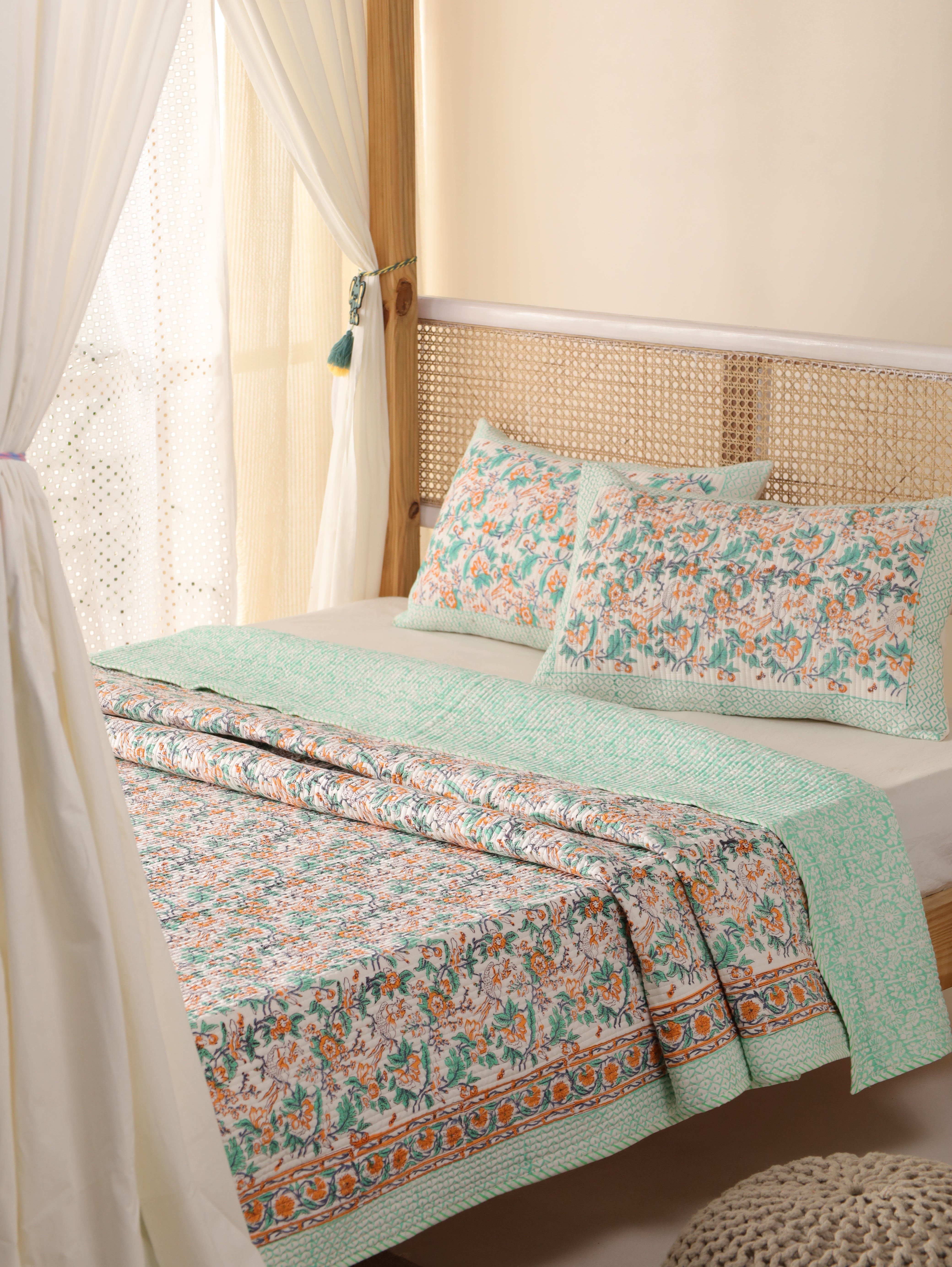 Hand Block Printed Kantha Quilt & Pillowcase Set - Queen Size, Cozy Throw Blanket