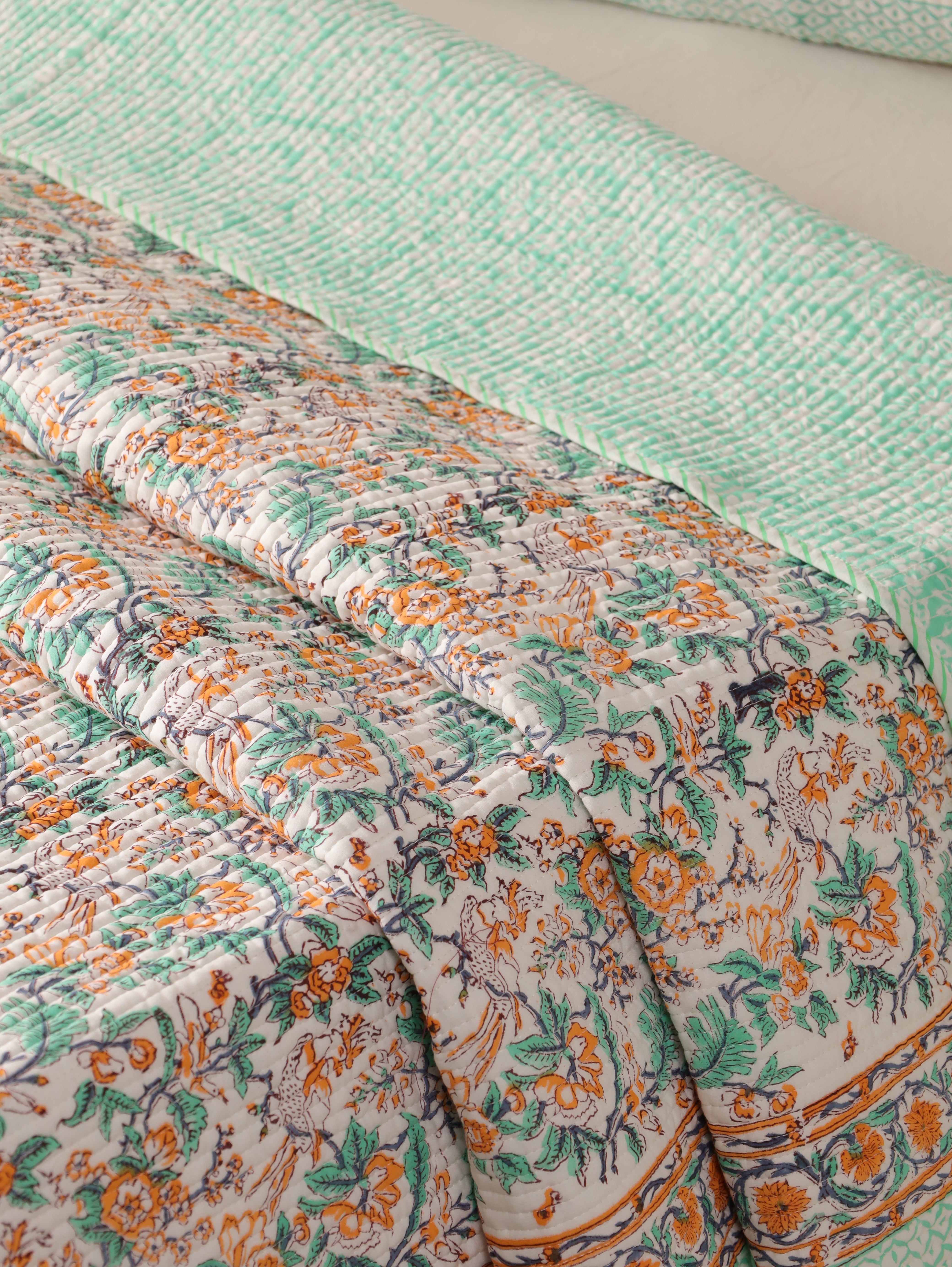 Hand Block Printed Kantha Quilt & Pillowcase Set - Queen Size, Cozy Throw Blanket