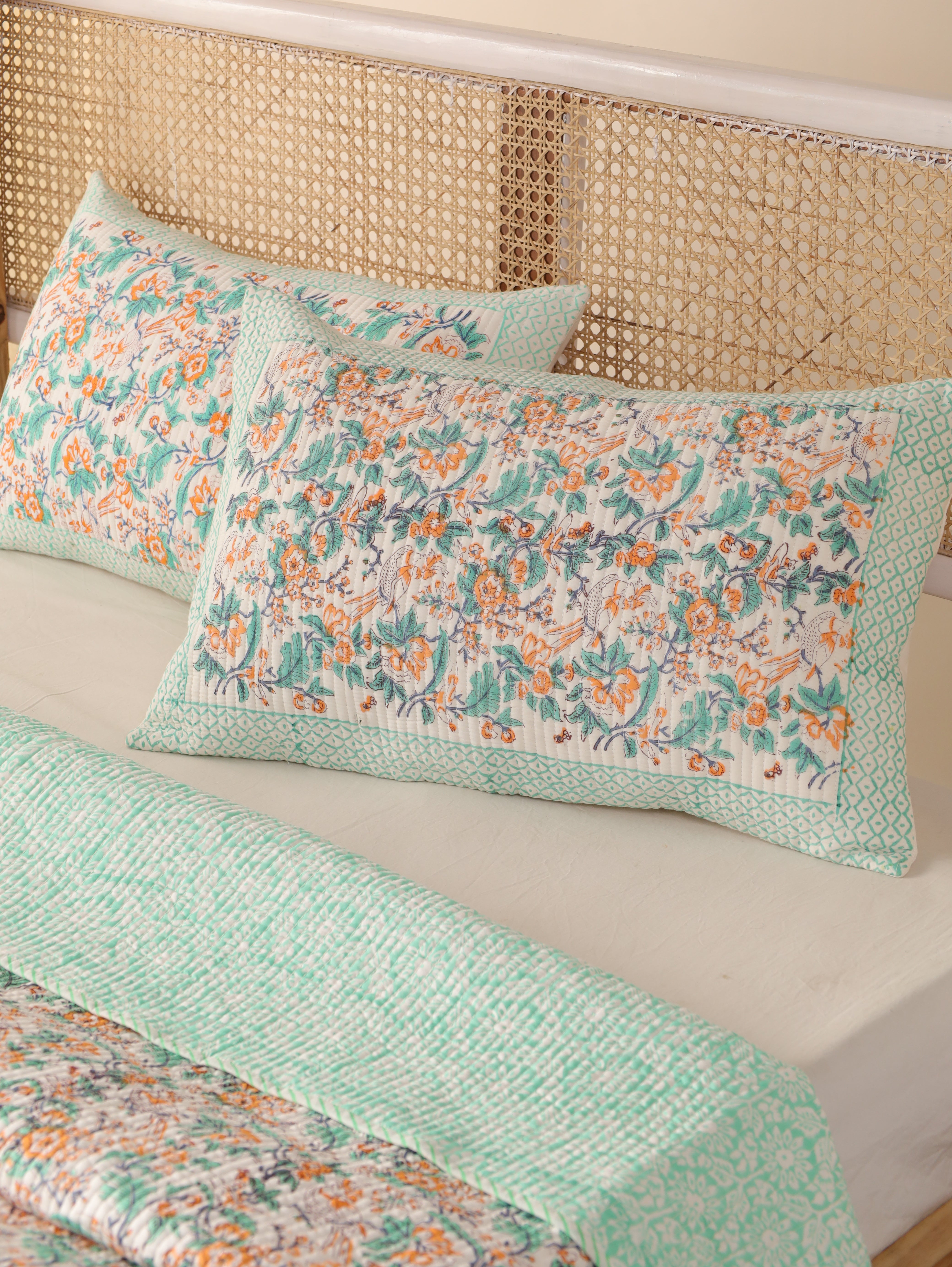 Hand Block Printed Kantha Quilt & Pillowcase Set - Queen Size, Cozy Throw Blanket