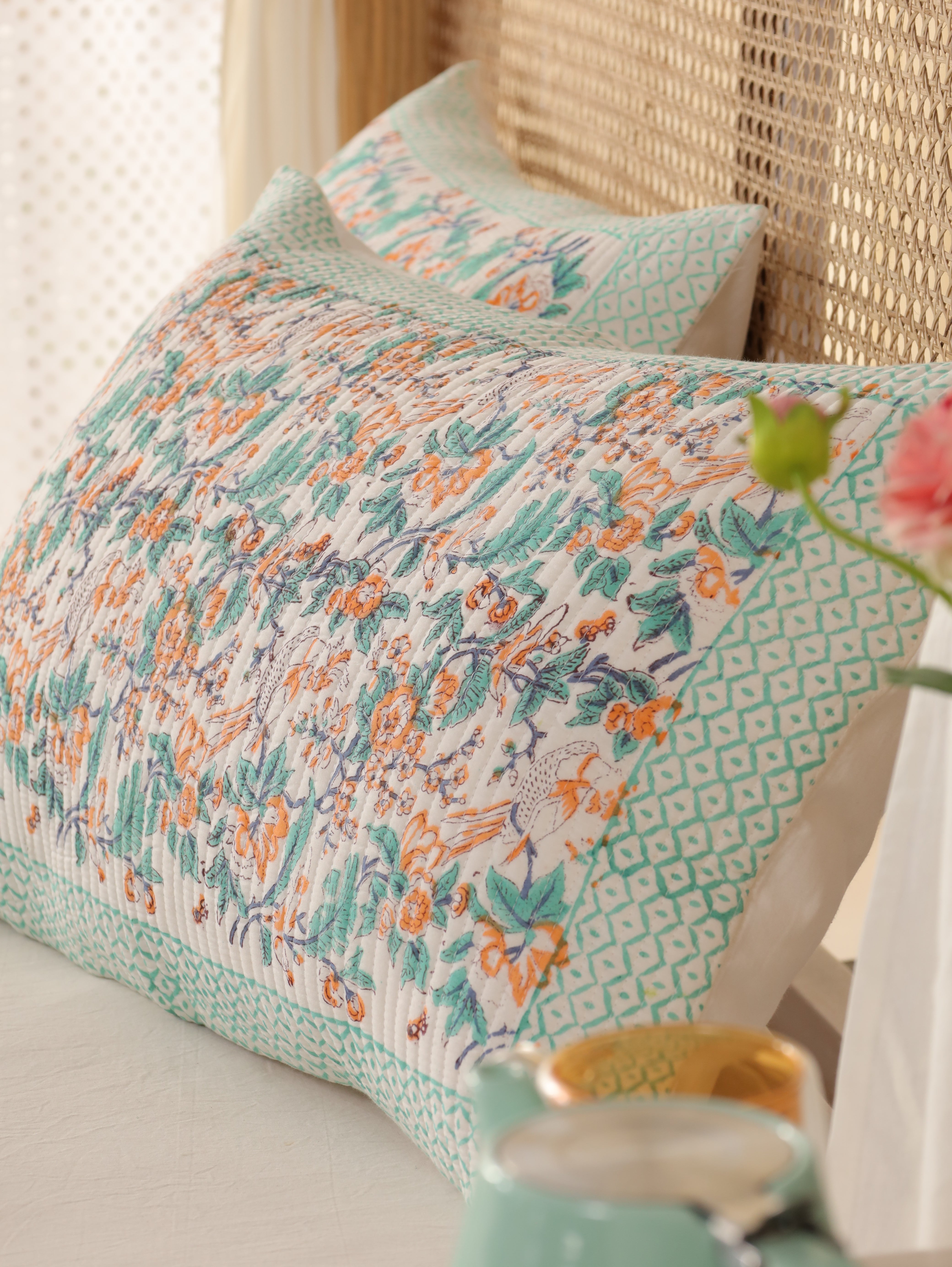 Hand Block Printed Kantha Quilt & Pillowcase Set - Queen Size, Cozy Throw Blanket