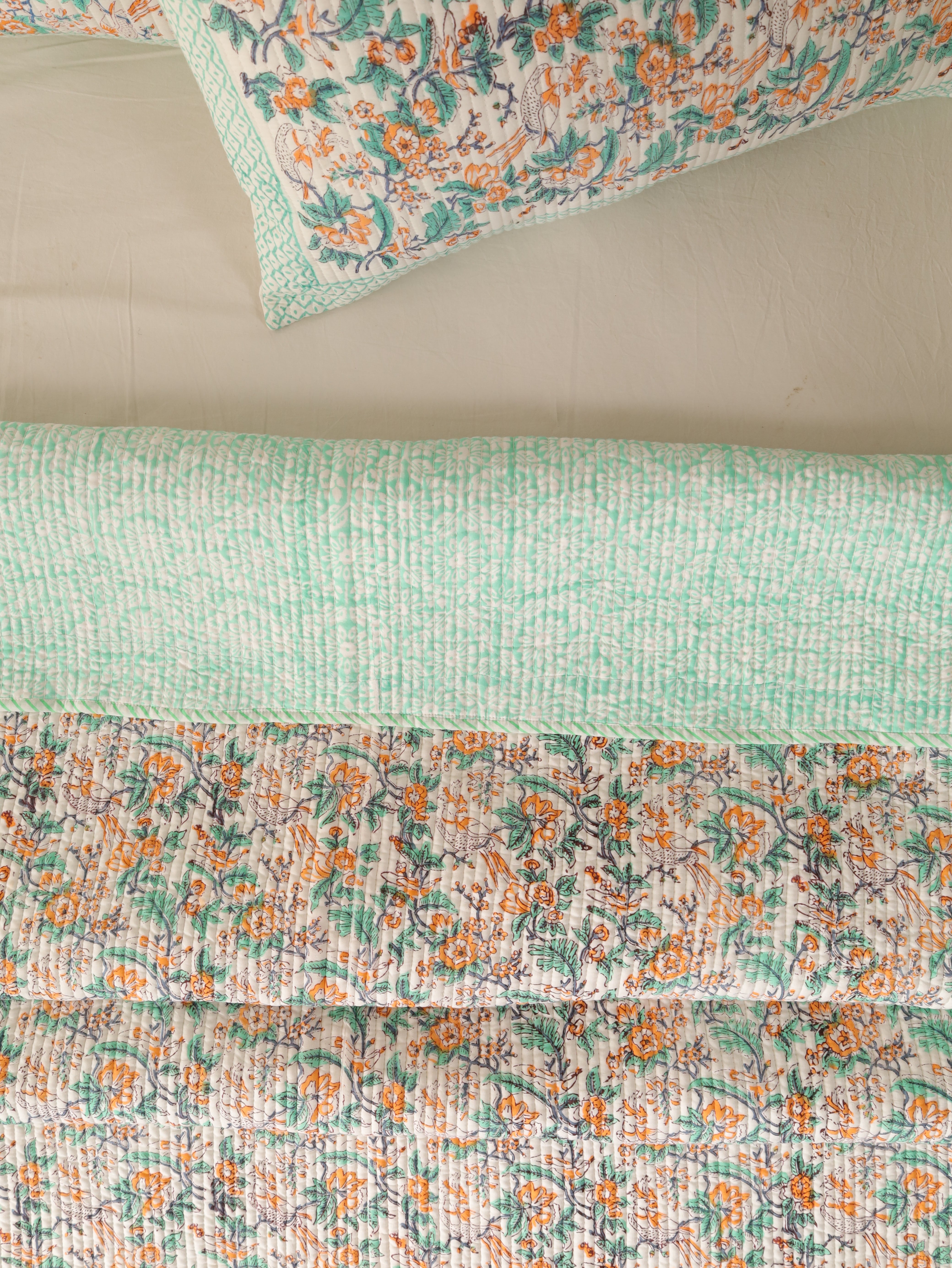 Hand Block Printed Kantha Quilt & Pillowcase Set - Queen Size, Cozy Throw Blanket