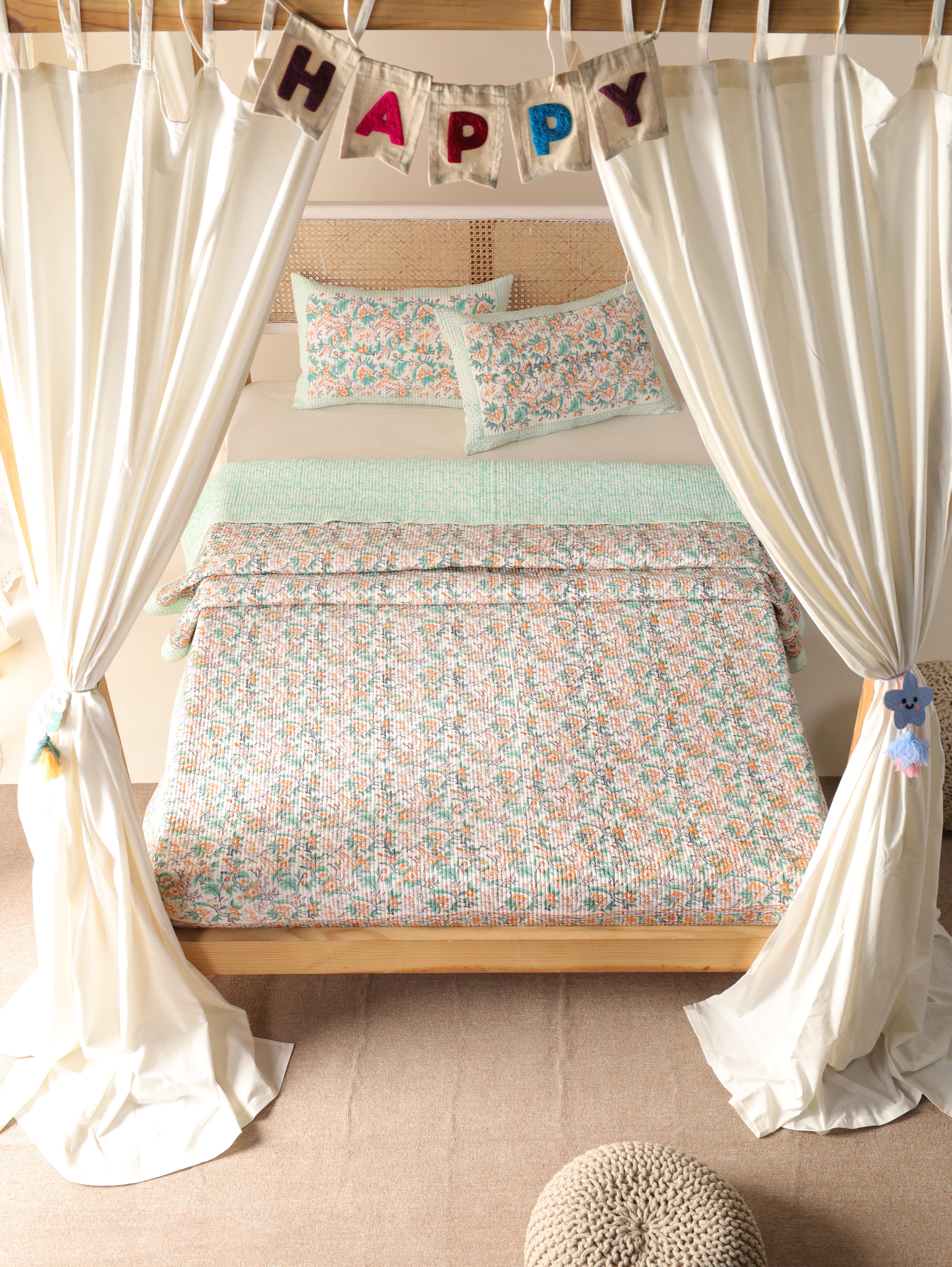 Hand Block Printed Kantha Quilt & Pillowcase Set - Queen Size, Cozy Throw Blanket