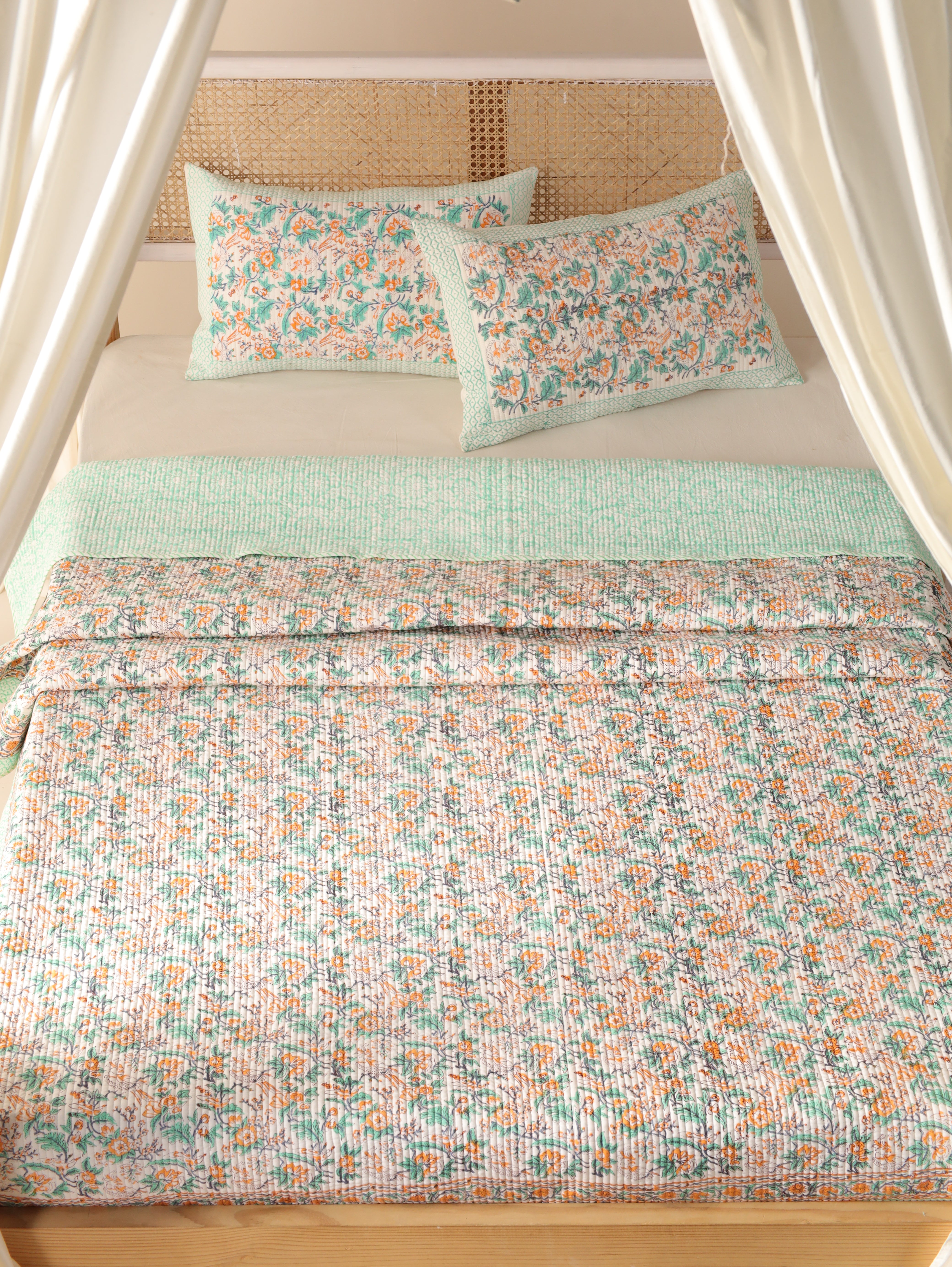 Hand Block Printed Kantha Quilt & Pillowcase Set - Queen Size, Cozy Throw Blanket