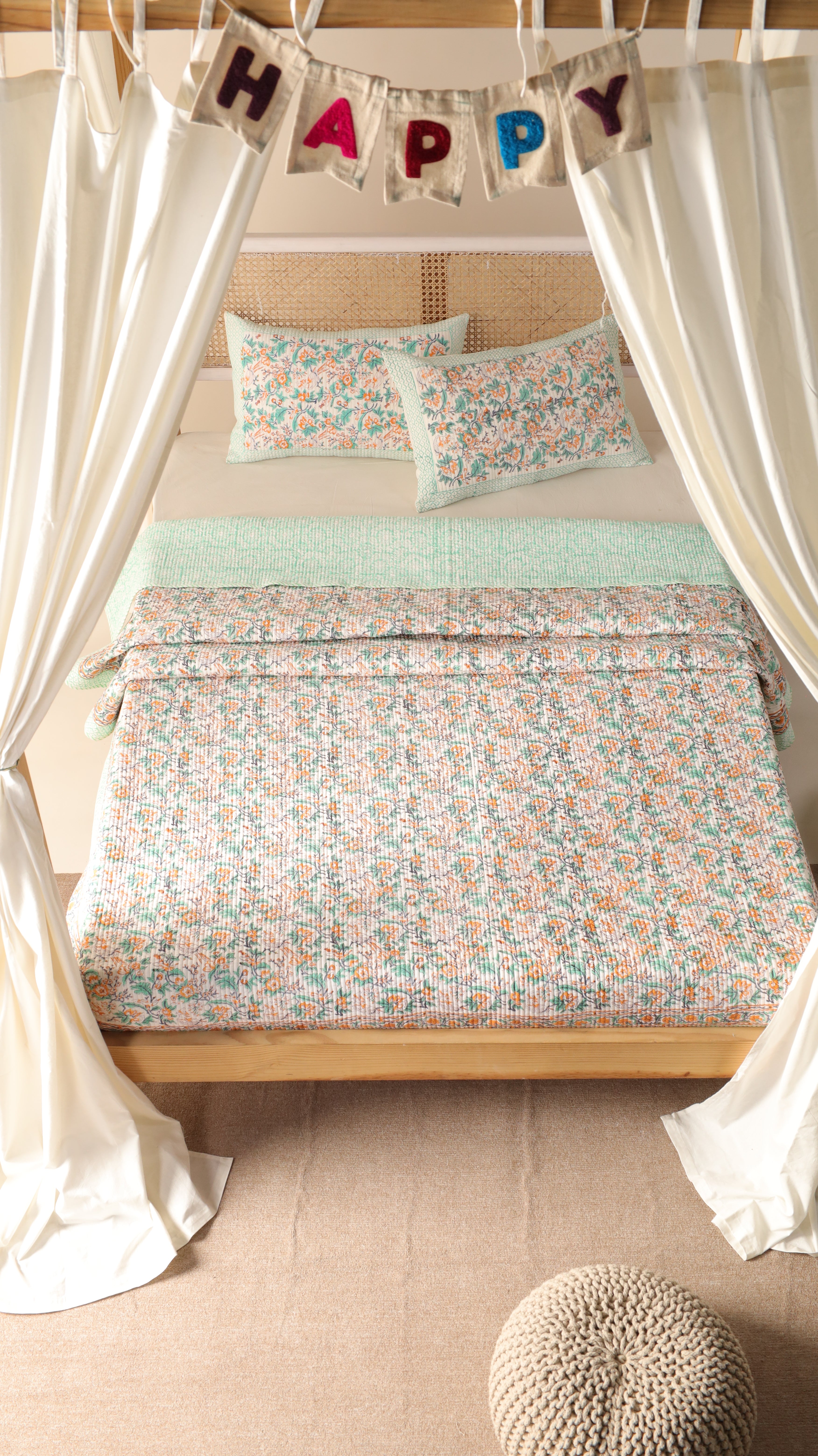 Hand Block Printed Kantha Quilt & Pillowcase Set - Queen Size, Cozy Throw Blanket