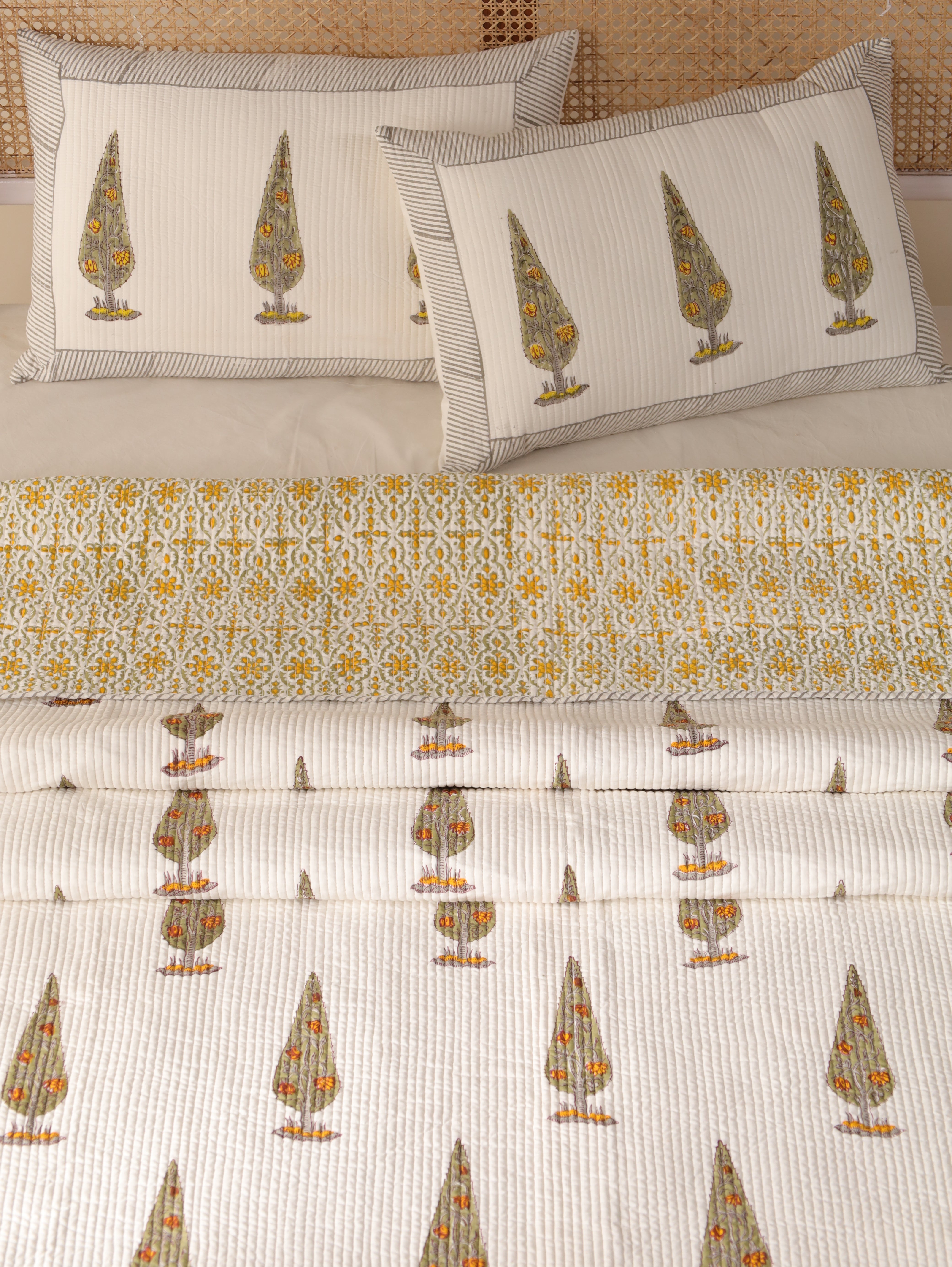Hand block printed cozy quilt Reversible cotton quilted bedcover Boho comforter quilt blanket throw 3 Pcs Set