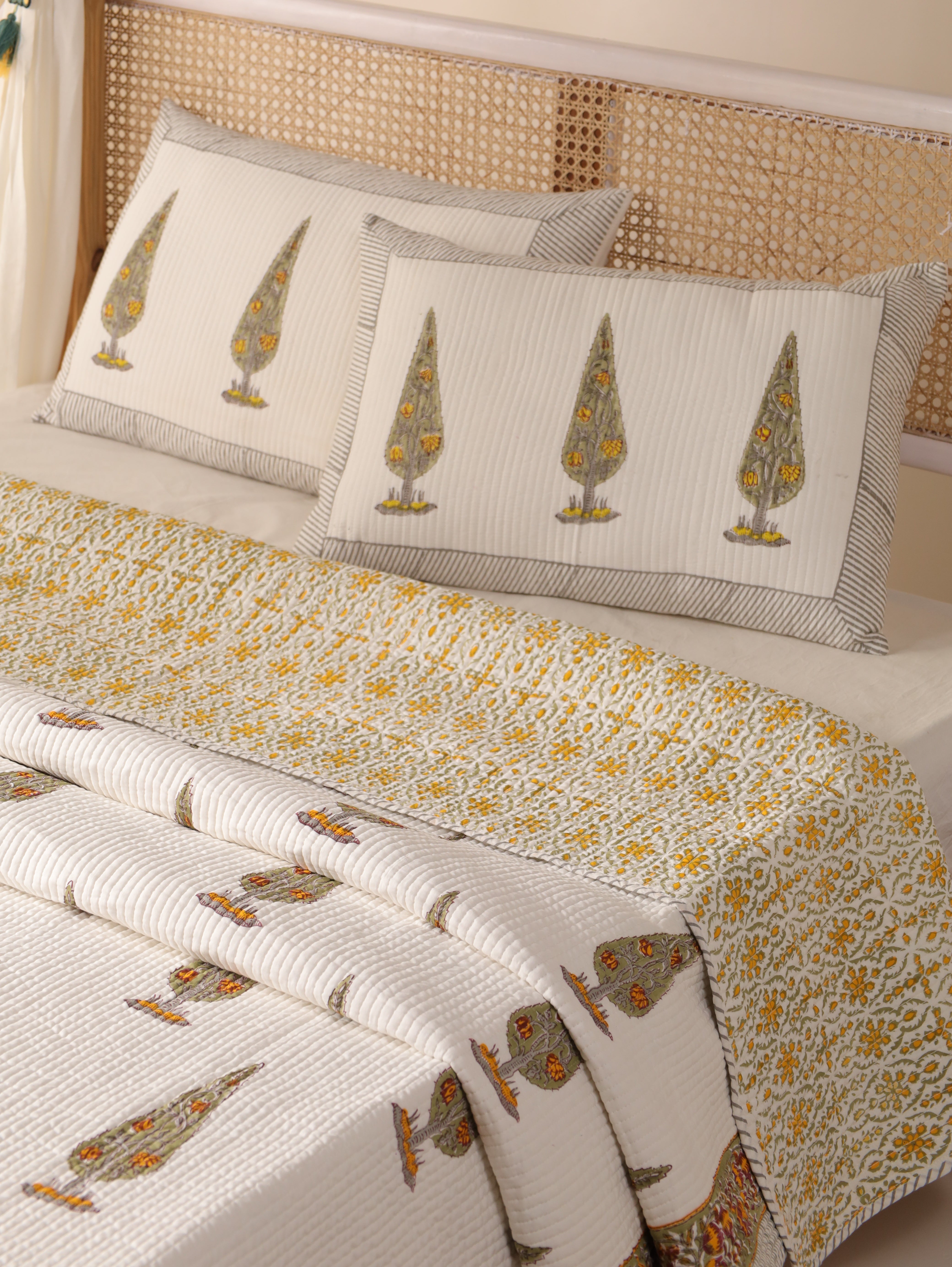 Hand block printed cozy quilt Reversible cotton quilted bedcover Boho comforter quilt blanket throw 3 Pcs Set