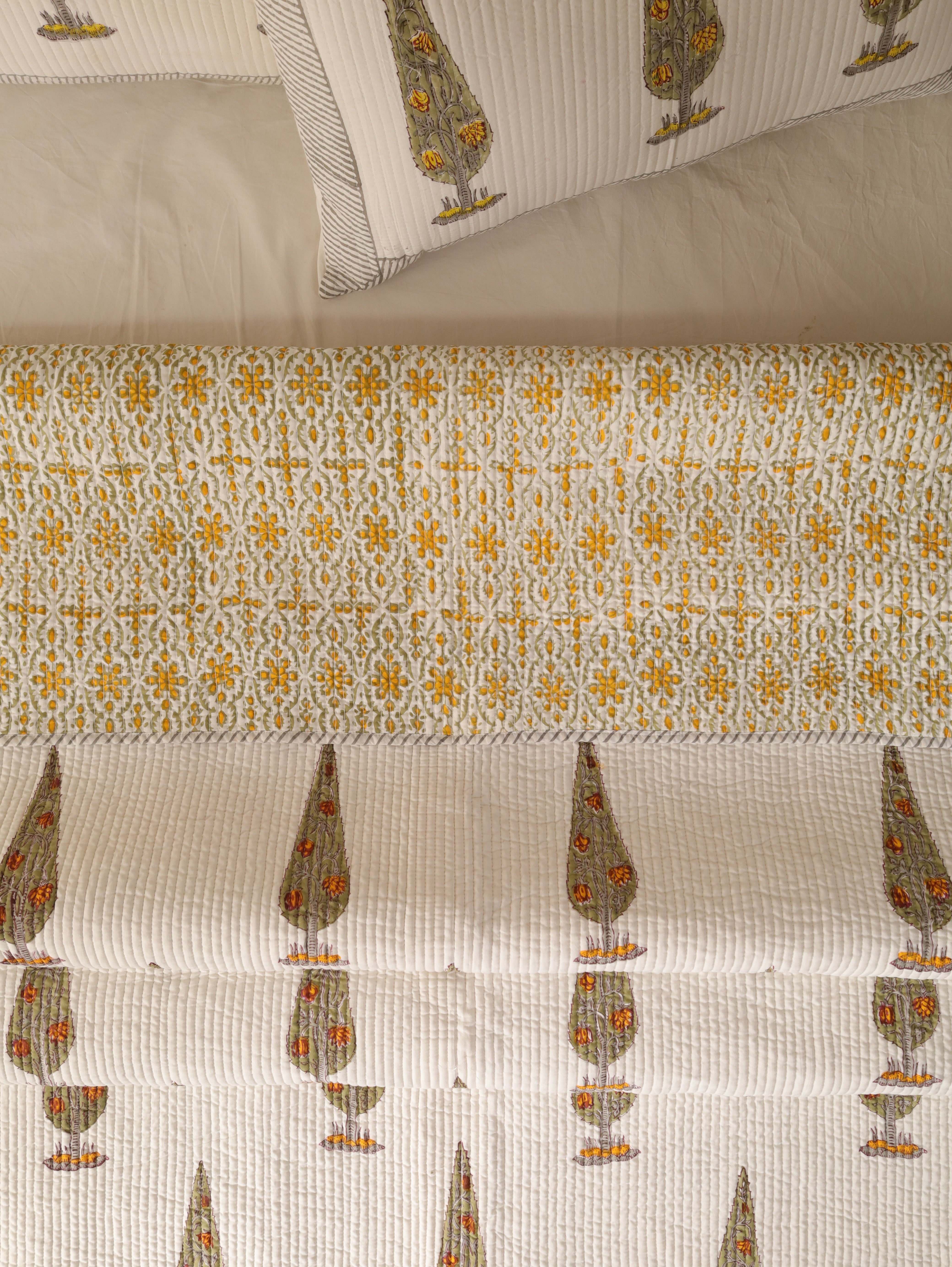 Hand block printed cozy quilt Reversible cotton quilted bedcover Boho comforter quilt blanket throw 3 Pcs Set