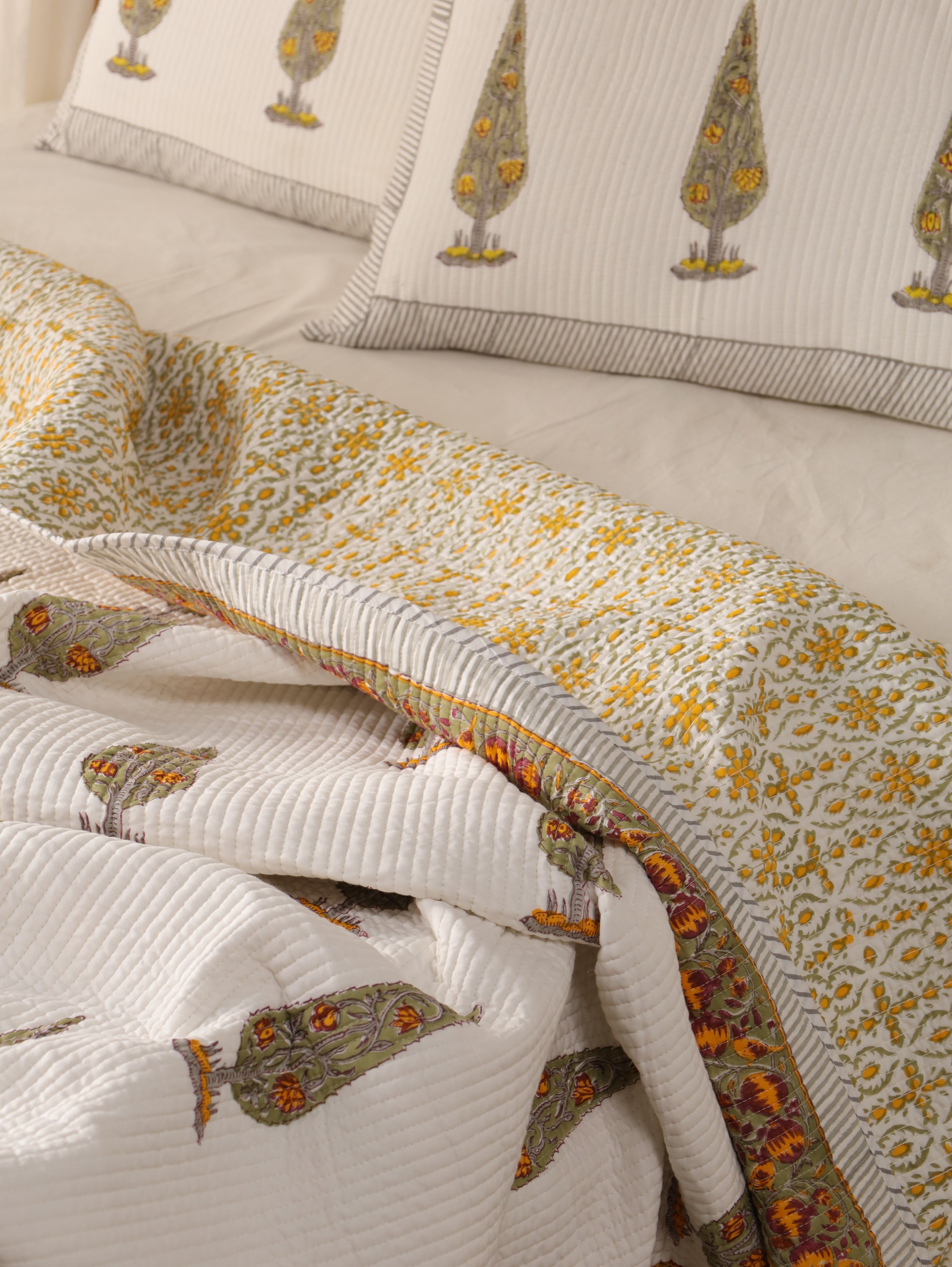 Hand block printed cozy quilt Reversible cotton quilted bedcover Boho comforter quilt blanket throw 3 Pcs Set