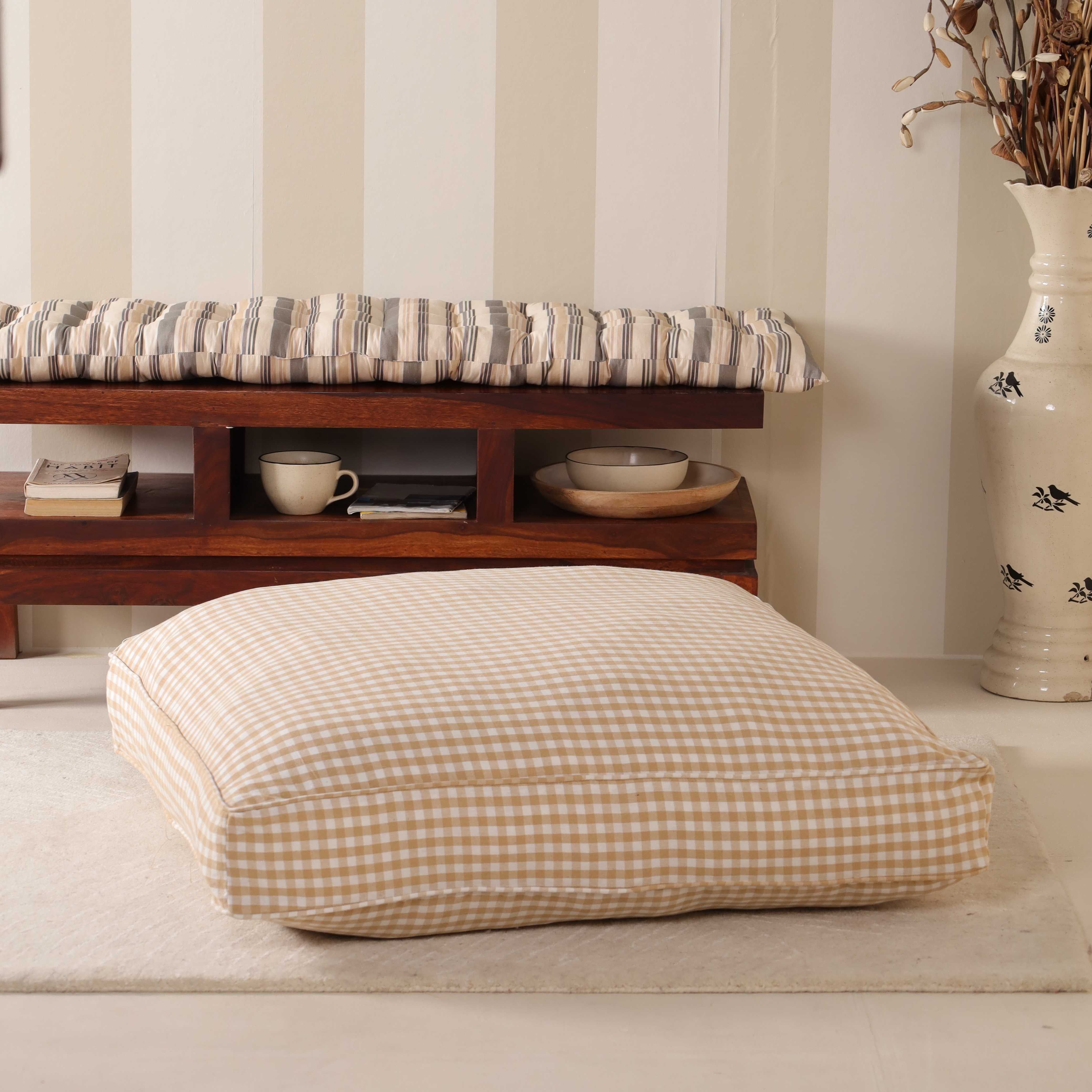 Honey Gingham Artisan Floor Cushion – Premium Boho Seating, Meditation & Yoga Pillow
