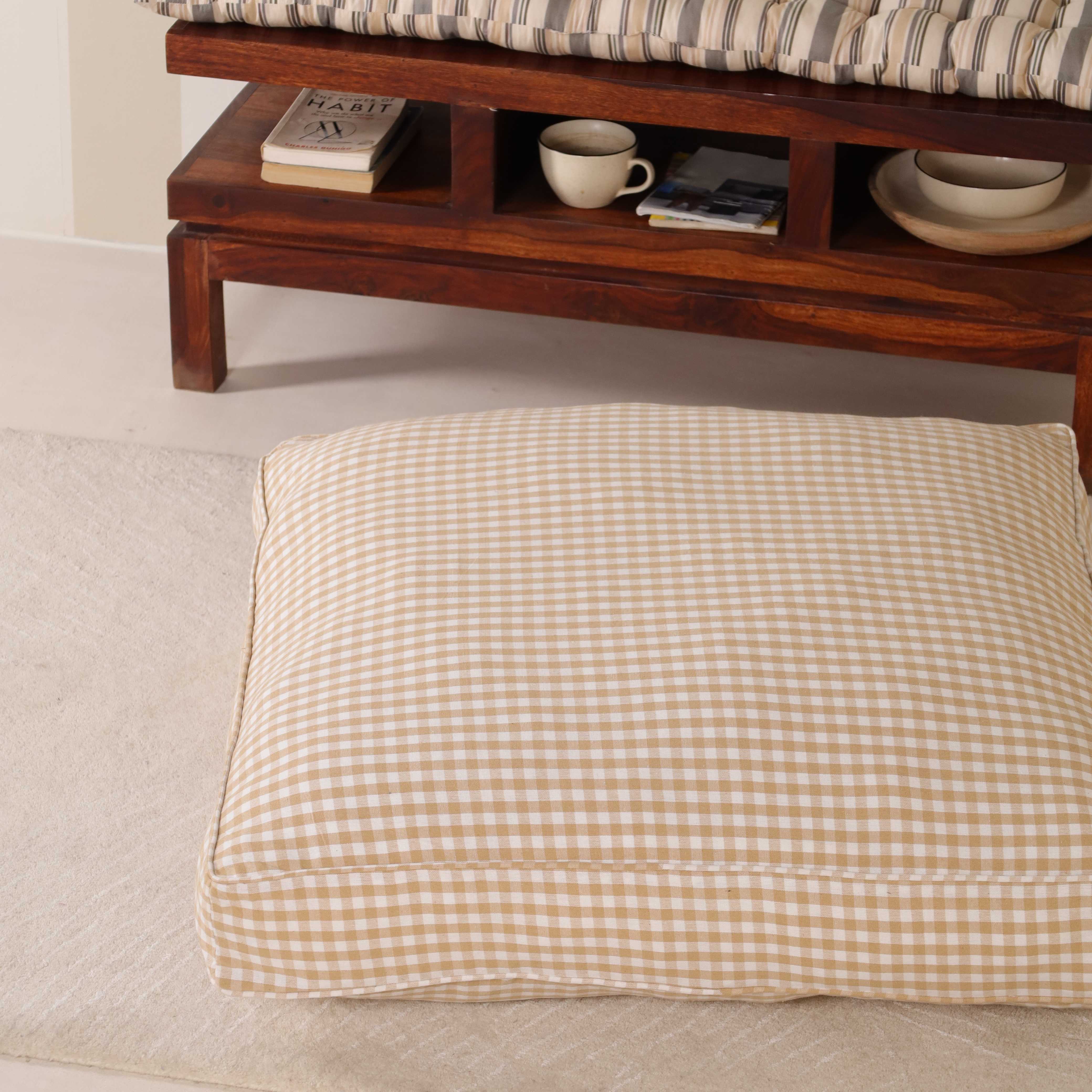 Honey Gingham Artisan Floor Cushion – Premium Boho Seating, Meditation & Yoga Pillow