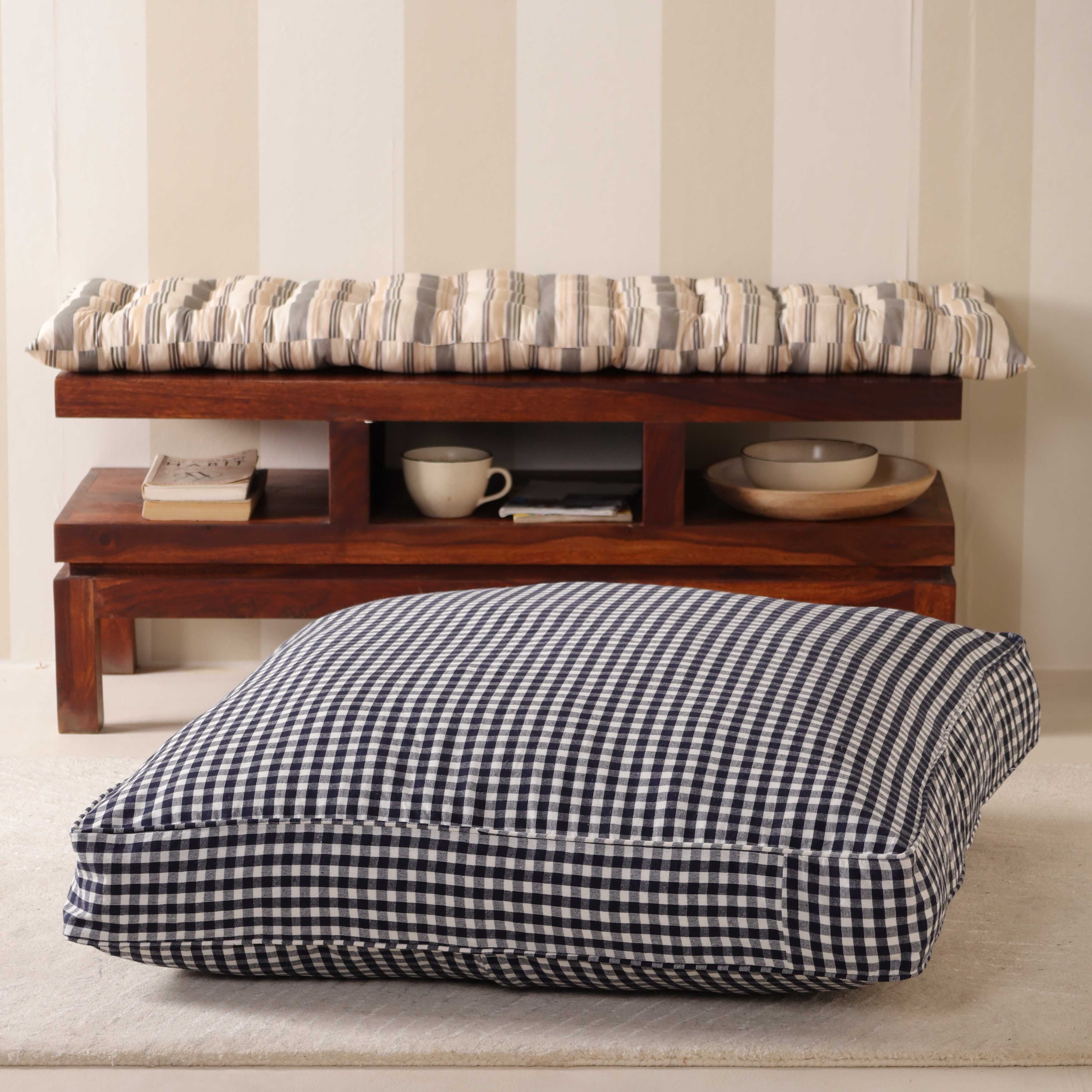 Midnight Gingham Artisan Floor Cushion – Premium Cotton Boho Seating & Meditation Pillow