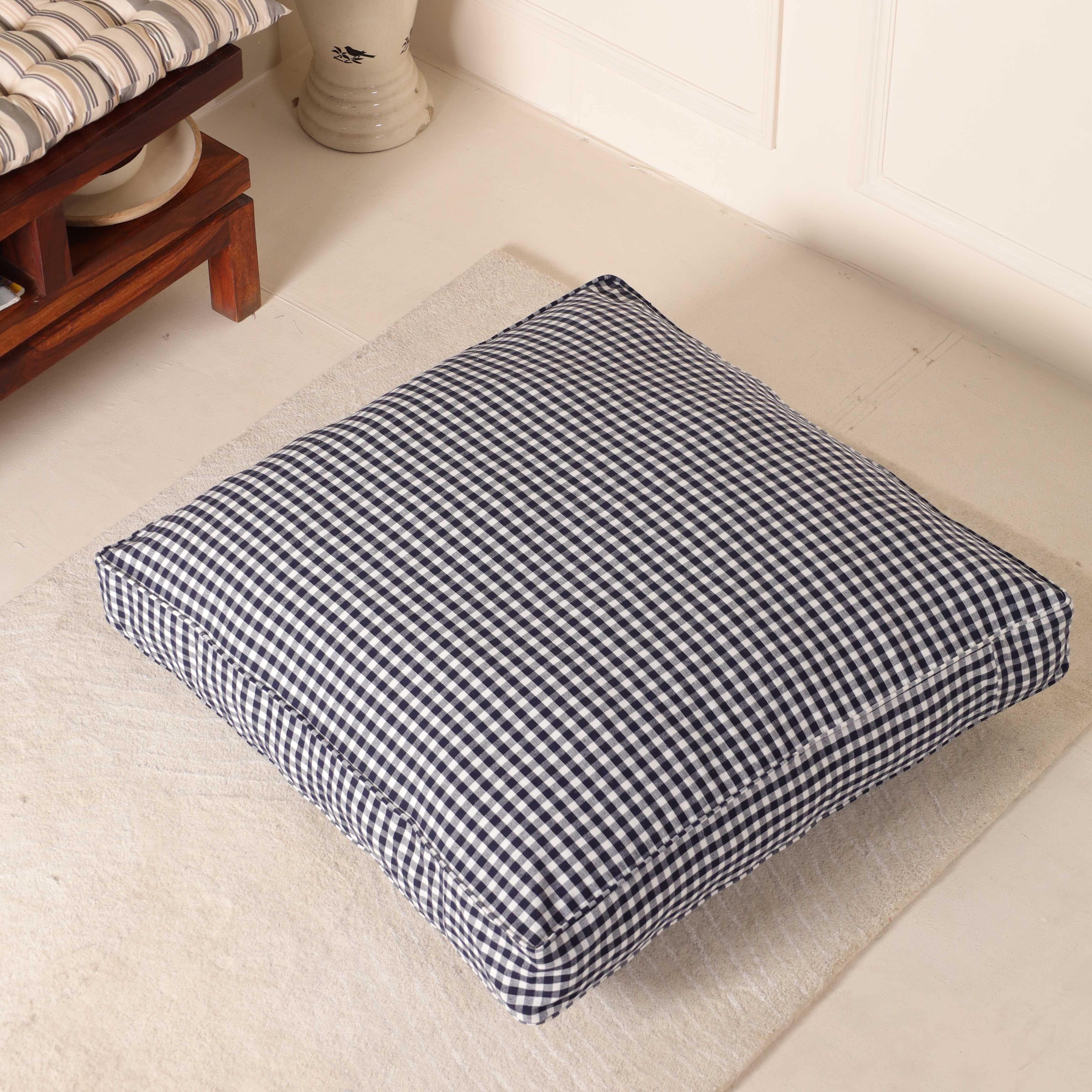 Midnight Gingham Artisan Floor Cushion – Premium Cotton Boho Seating & Meditation Pillow