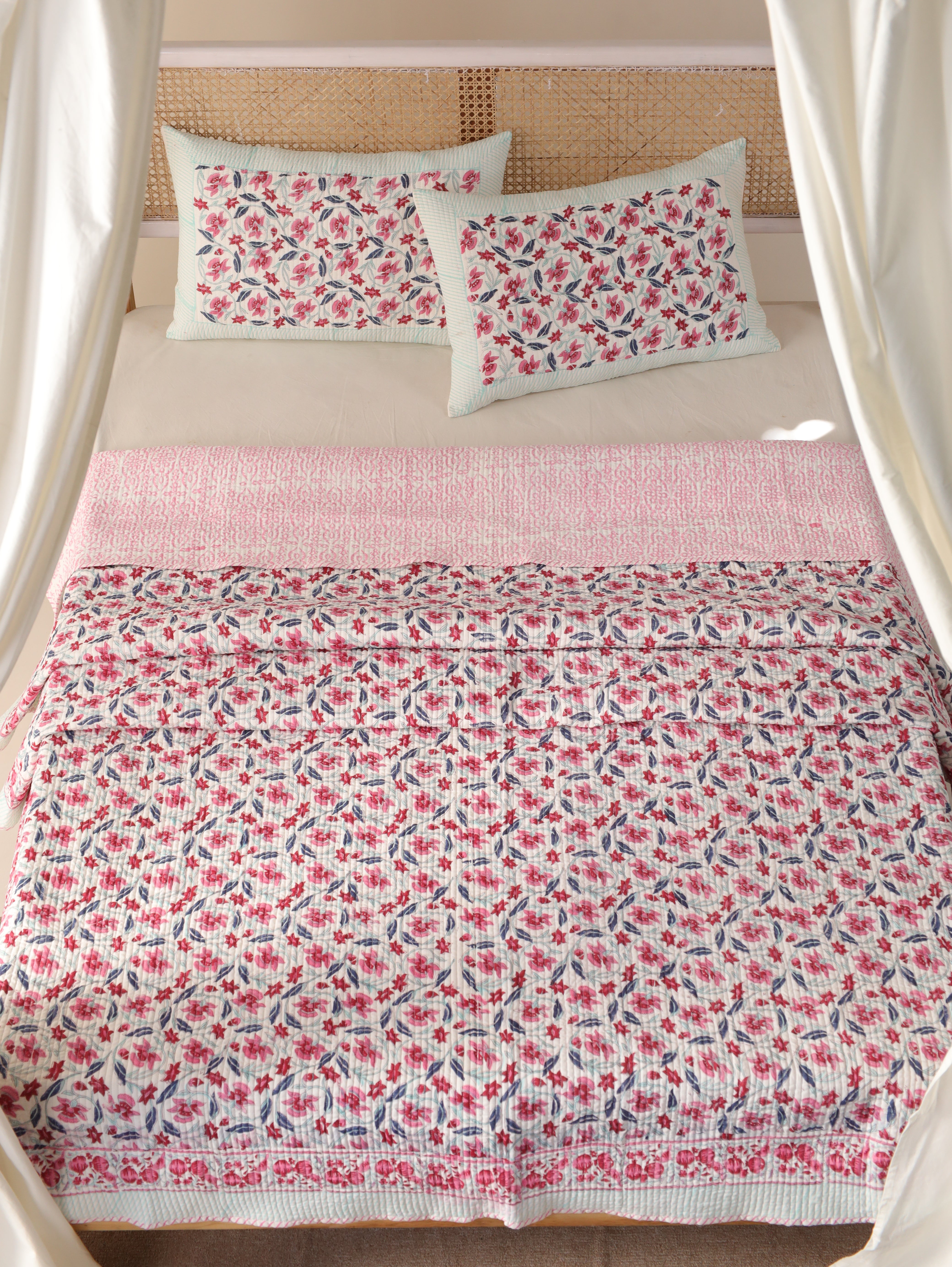 Floral Quilt Queen Block Print Comforter Cotton Bedspread Cozy Coverlet All Season Blanket