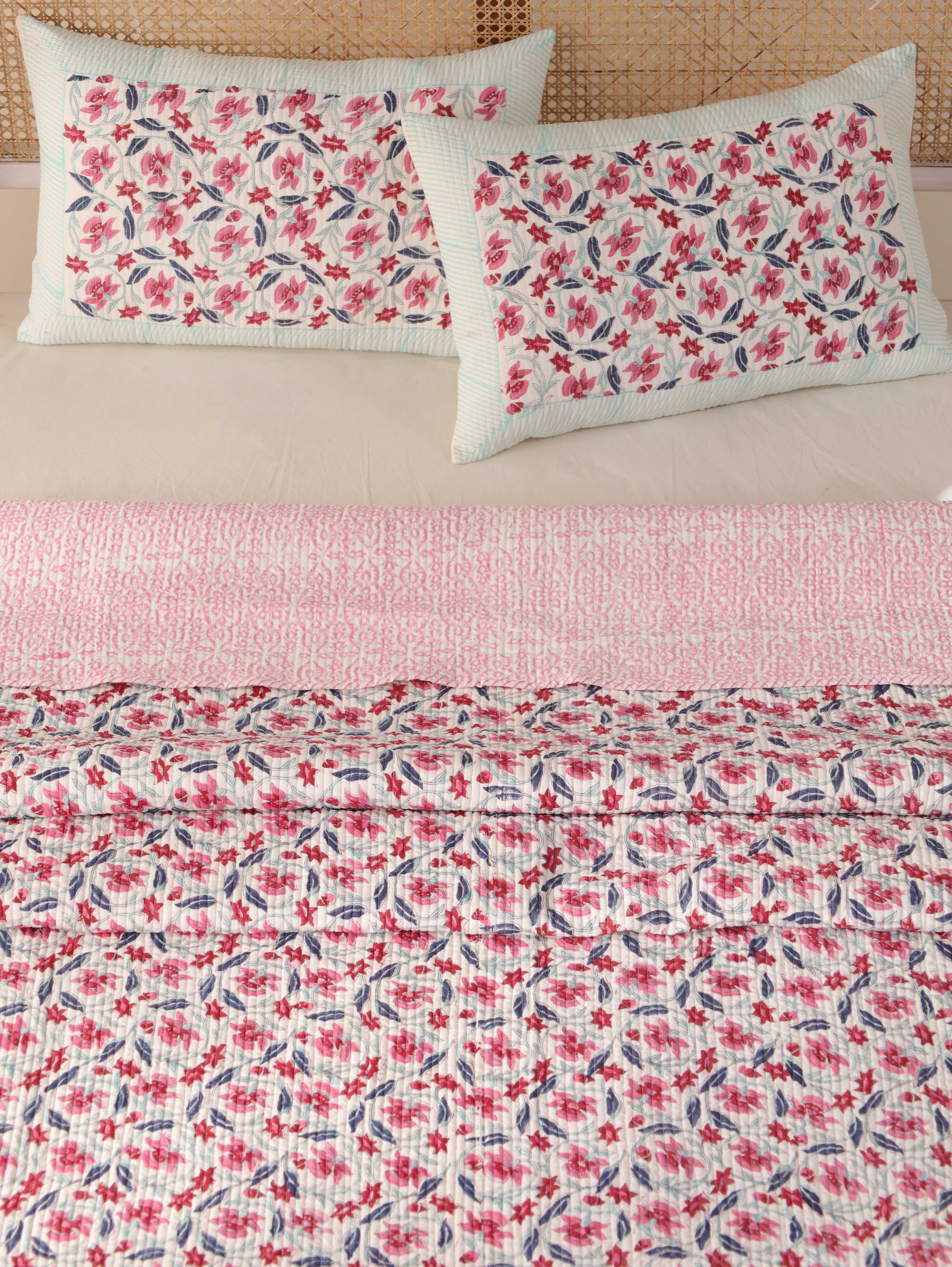 Floral Quilt Queen Block Print Comforter Cotton Bedspread Cozy Coverlet All Season Blanket