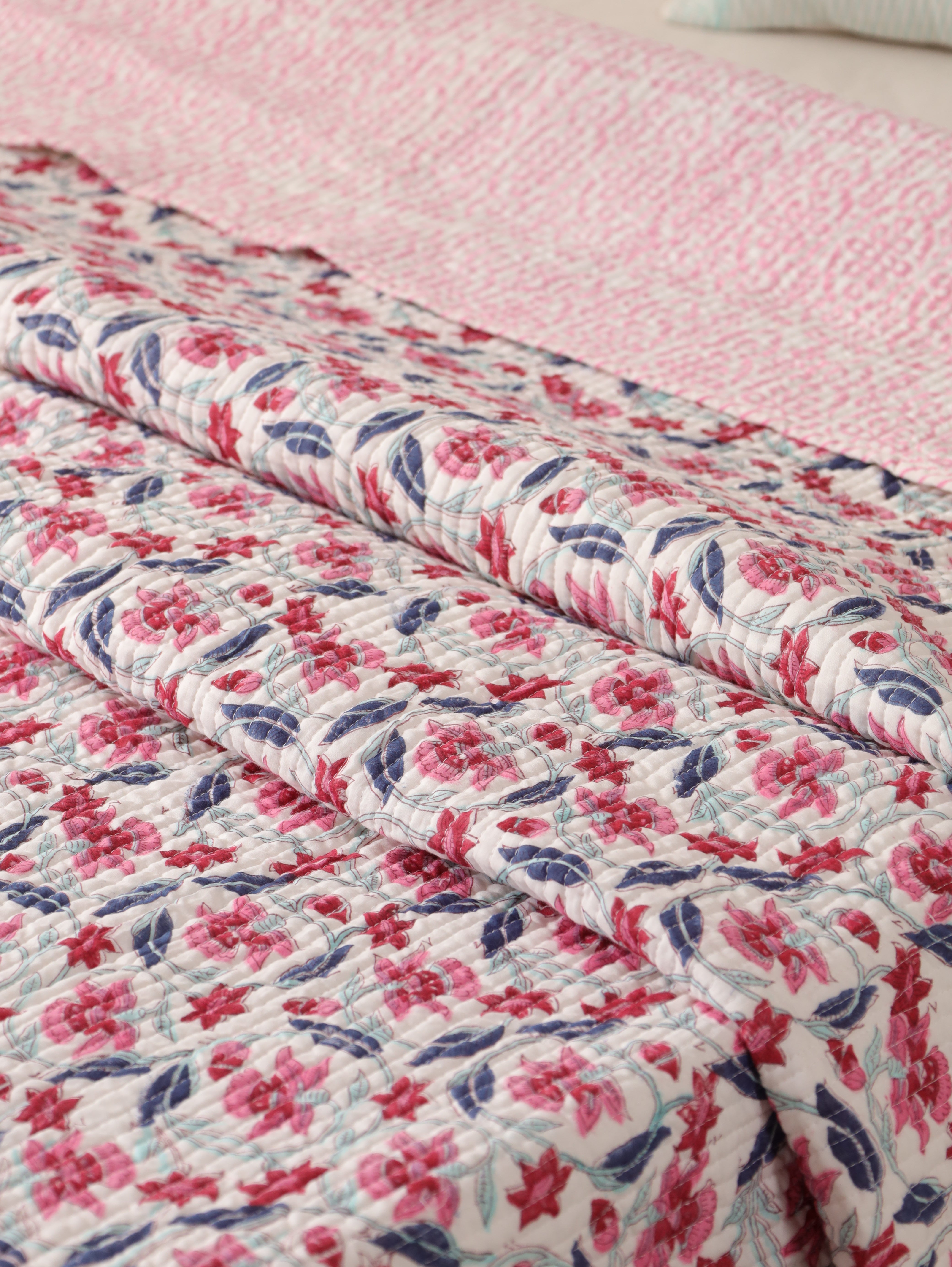 Floral Quilt Queen Block Print Comforter Cotton Bedspread Cozy Coverlet All Season Blanket
