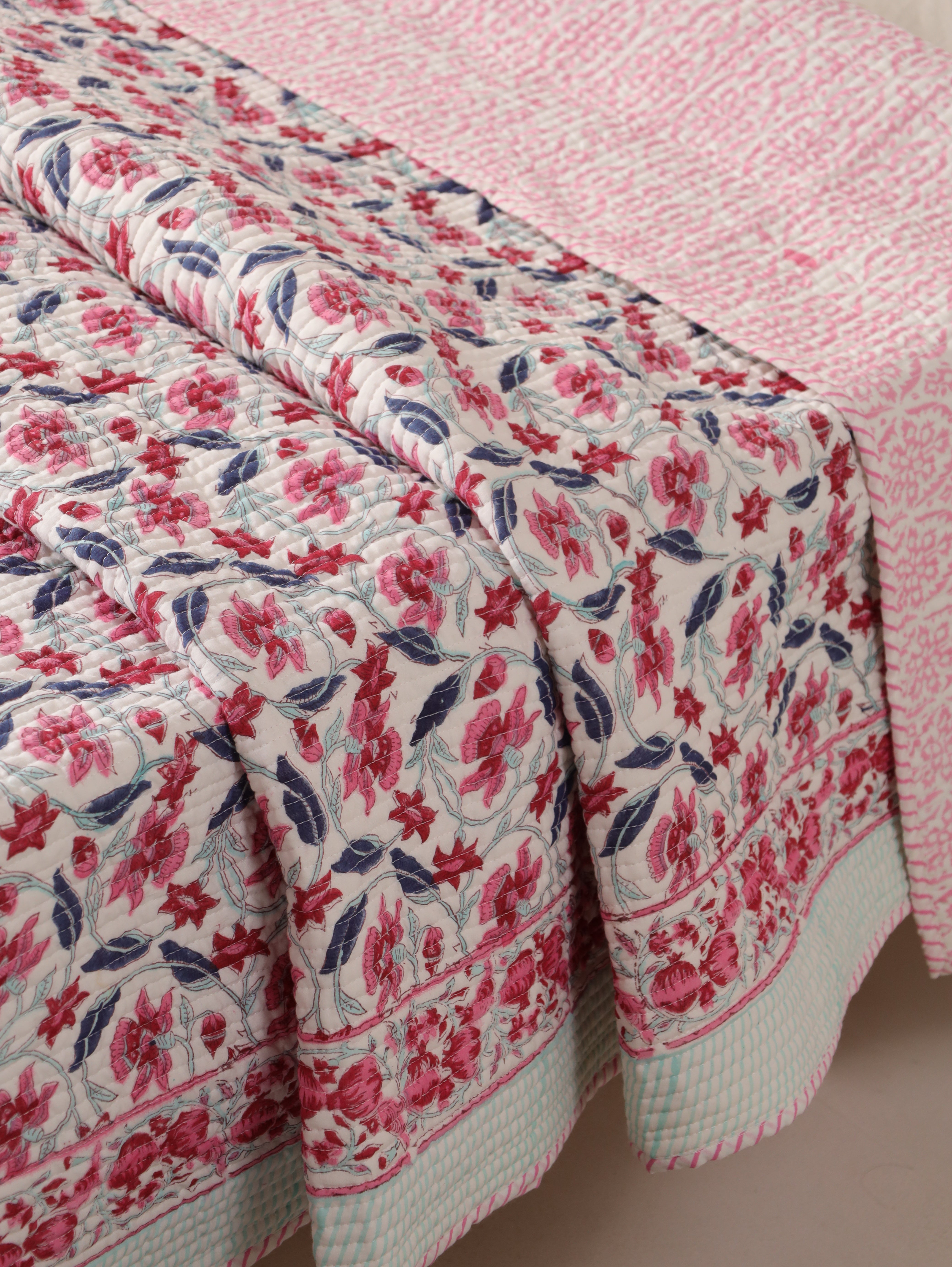 Floral Quilt Queen Block Print Comforter Cotton Bedspread Cozy Coverlet All Season Blanket