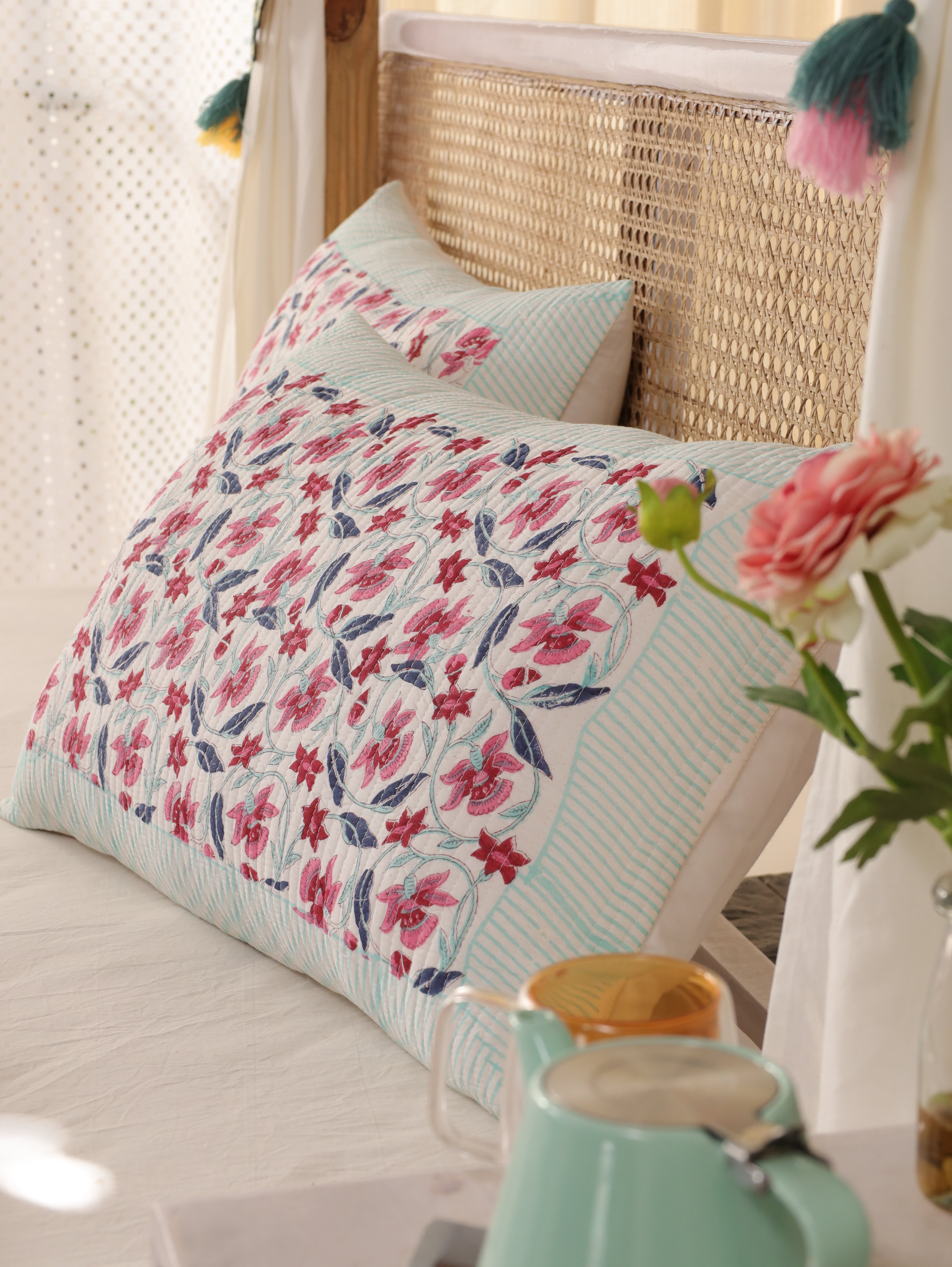Floral Quilt Queen Block Print Comforter Cotton Bedspread Cozy Coverlet All Season Blanket