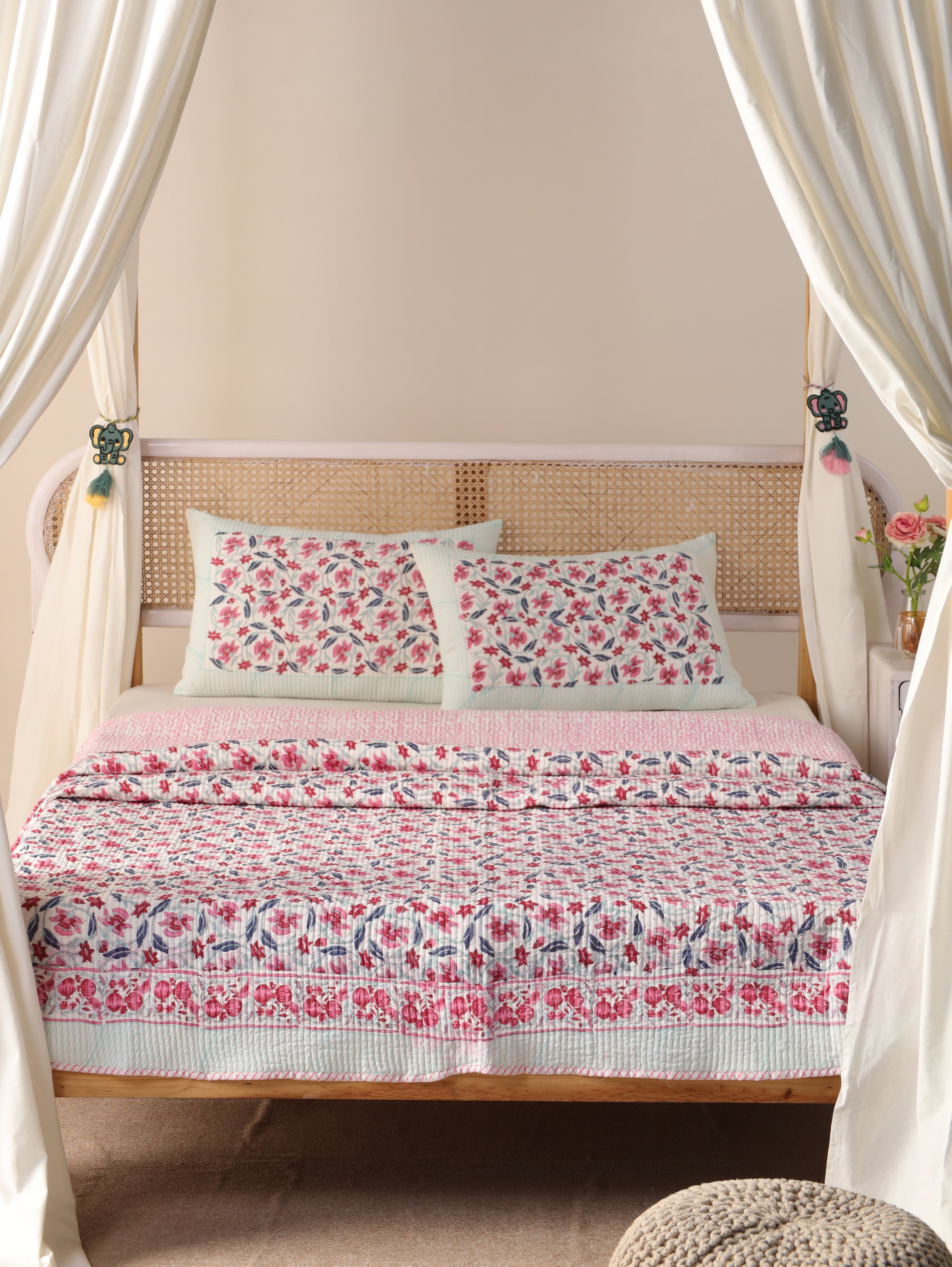 Floral Quilt Queen Block Print Comforter Cotton Bedspread Cozy Coverlet All Season Blanket