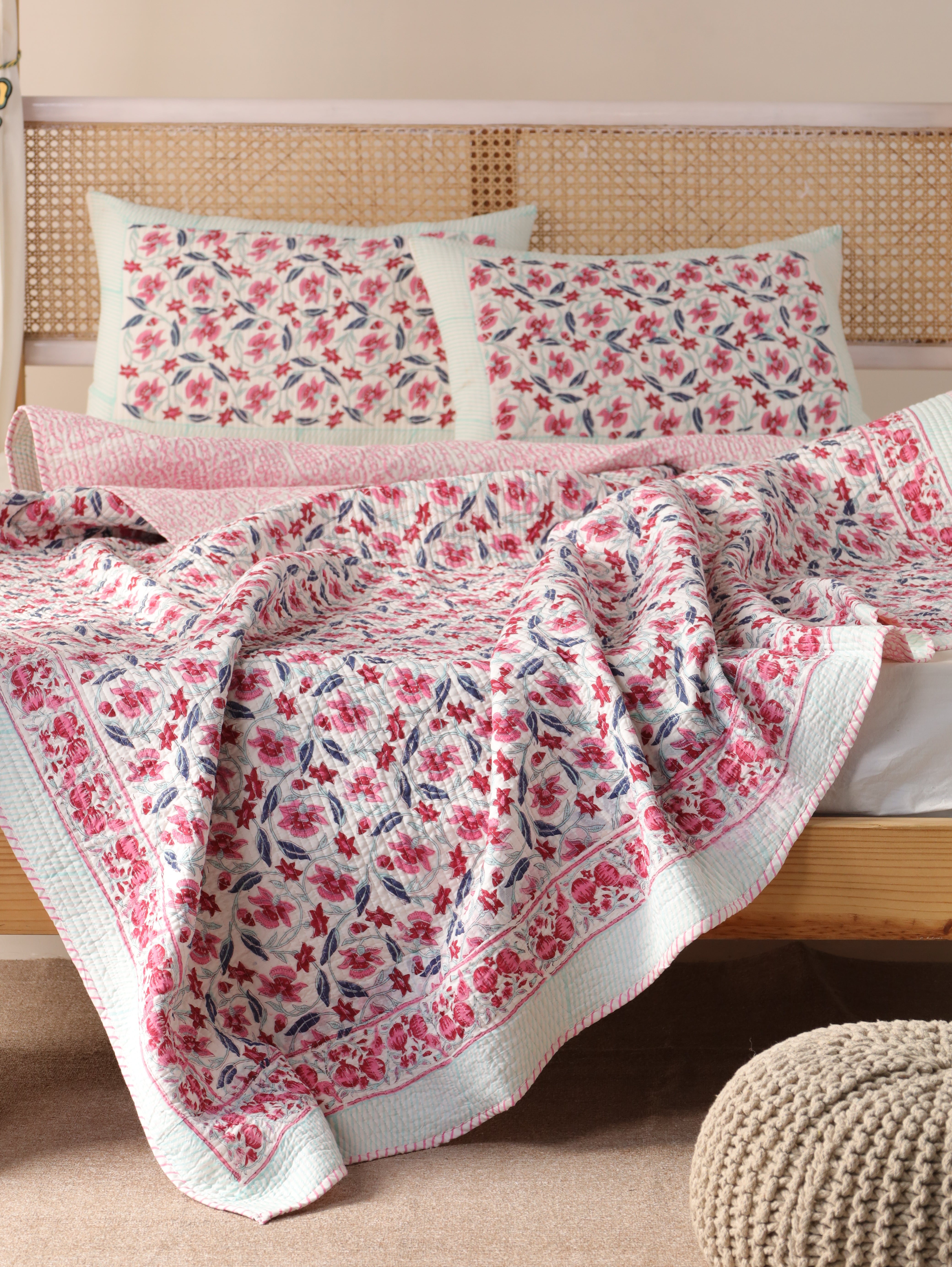 Floral Quilt Queen Block Print Comforter Cotton Bedspread Cozy Coverlet All Season Blanket