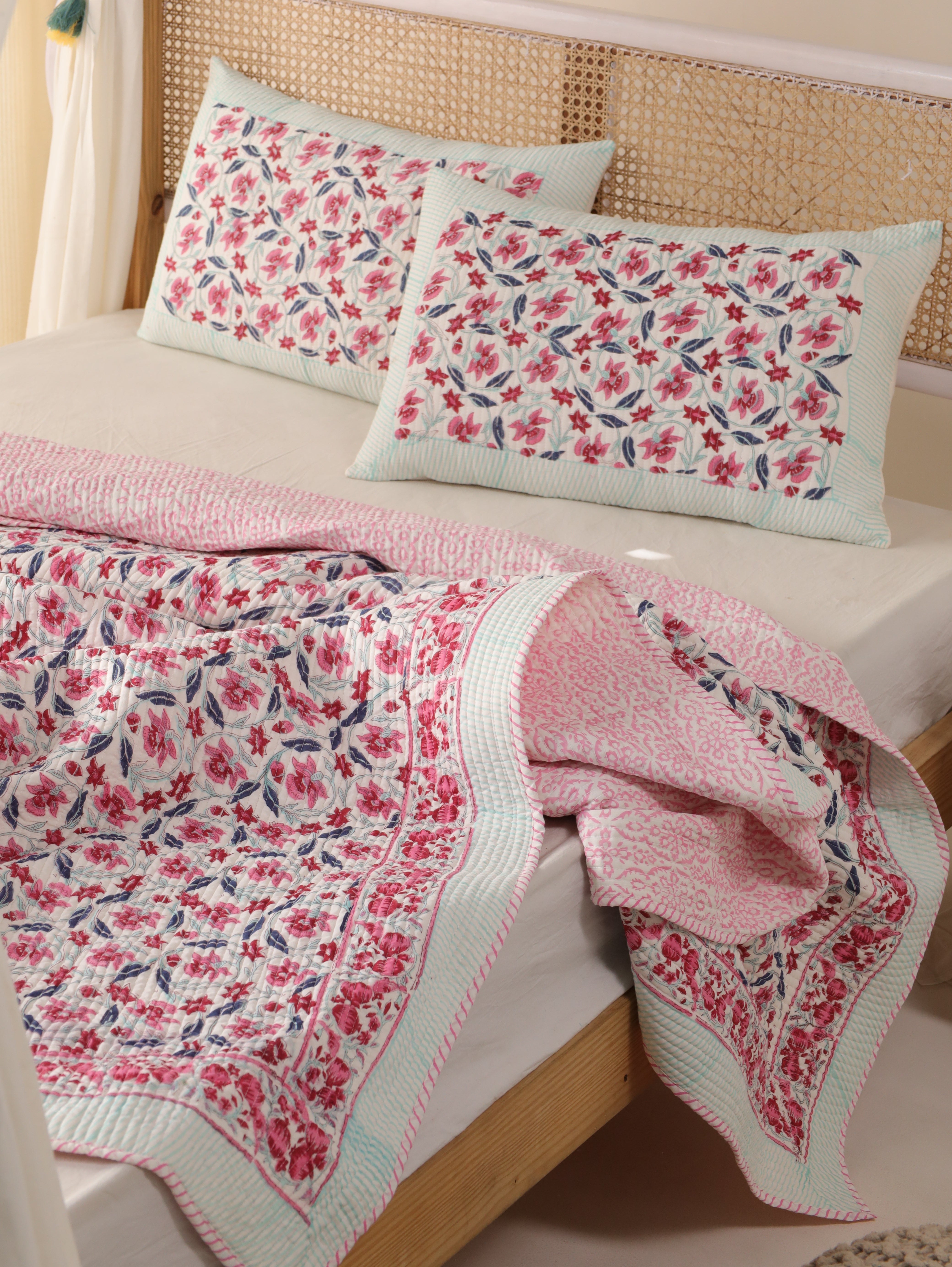 Floral Quilt Queen Block Print Comforter Cotton Bedspread Cozy Coverlet All Season Blanket