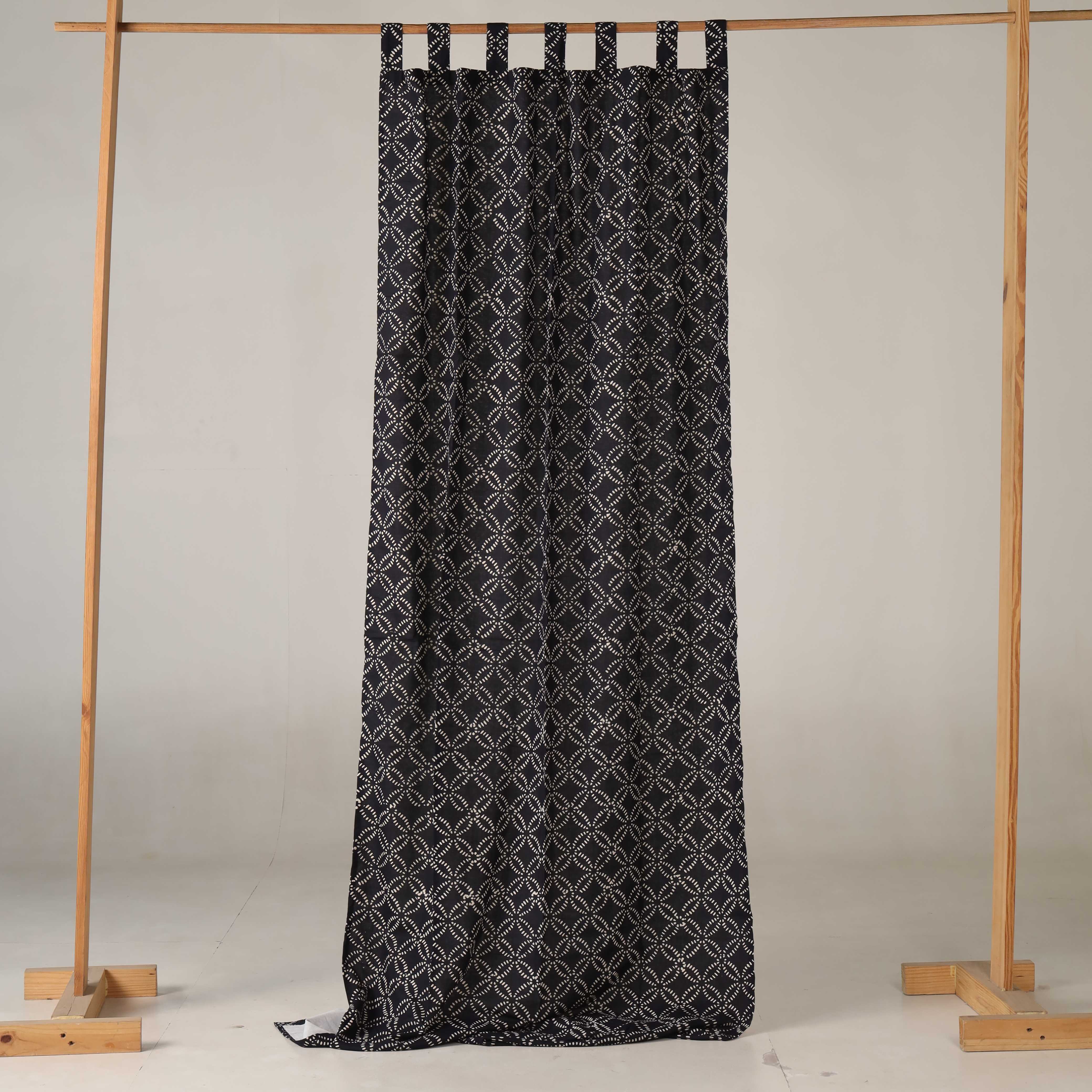 Midnight Charcoal Geo-Leaf Cotton Curtain – Artisanal Single Panel