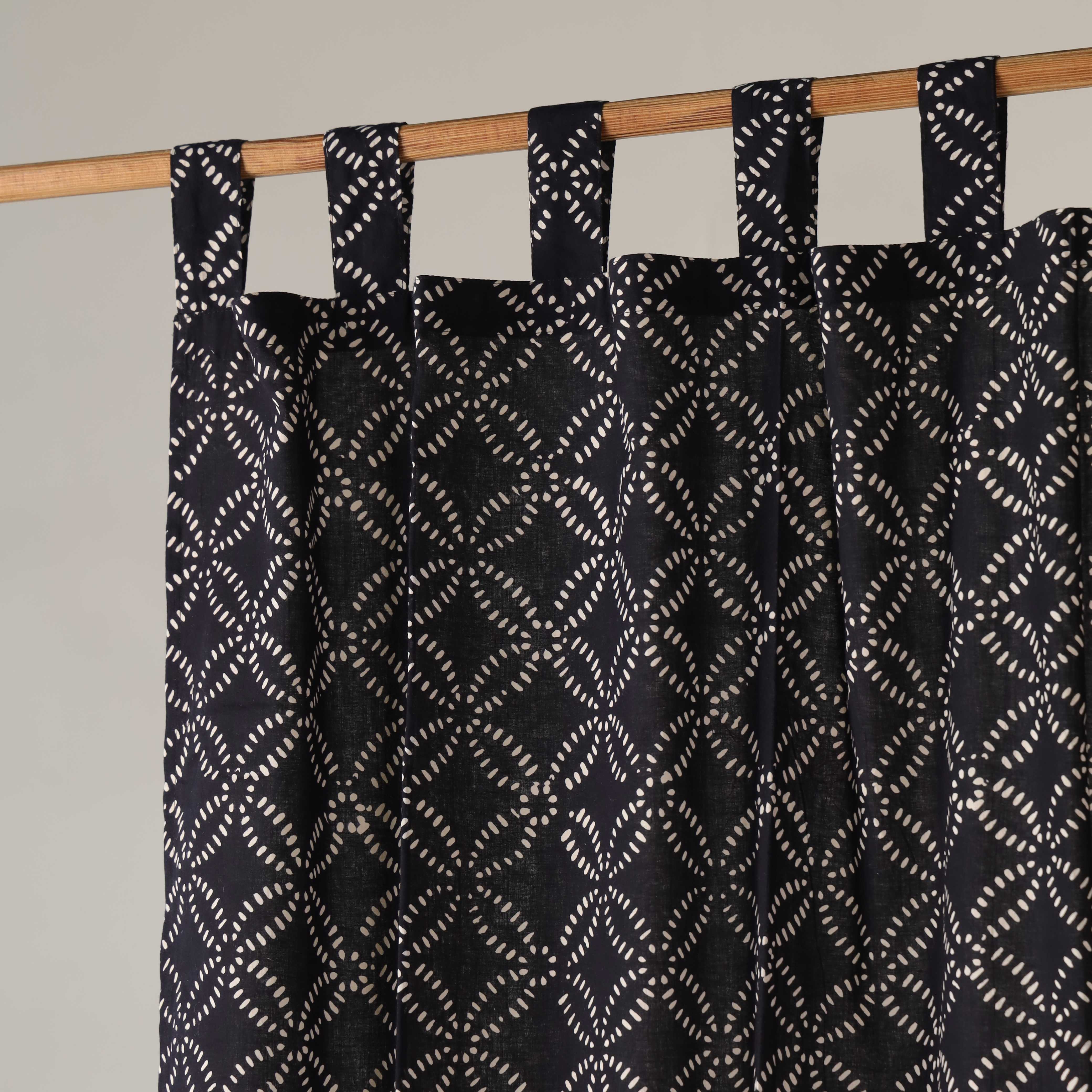 Midnight Charcoal Geo-Leaf Cotton Curtain – Artisanal Single Panel