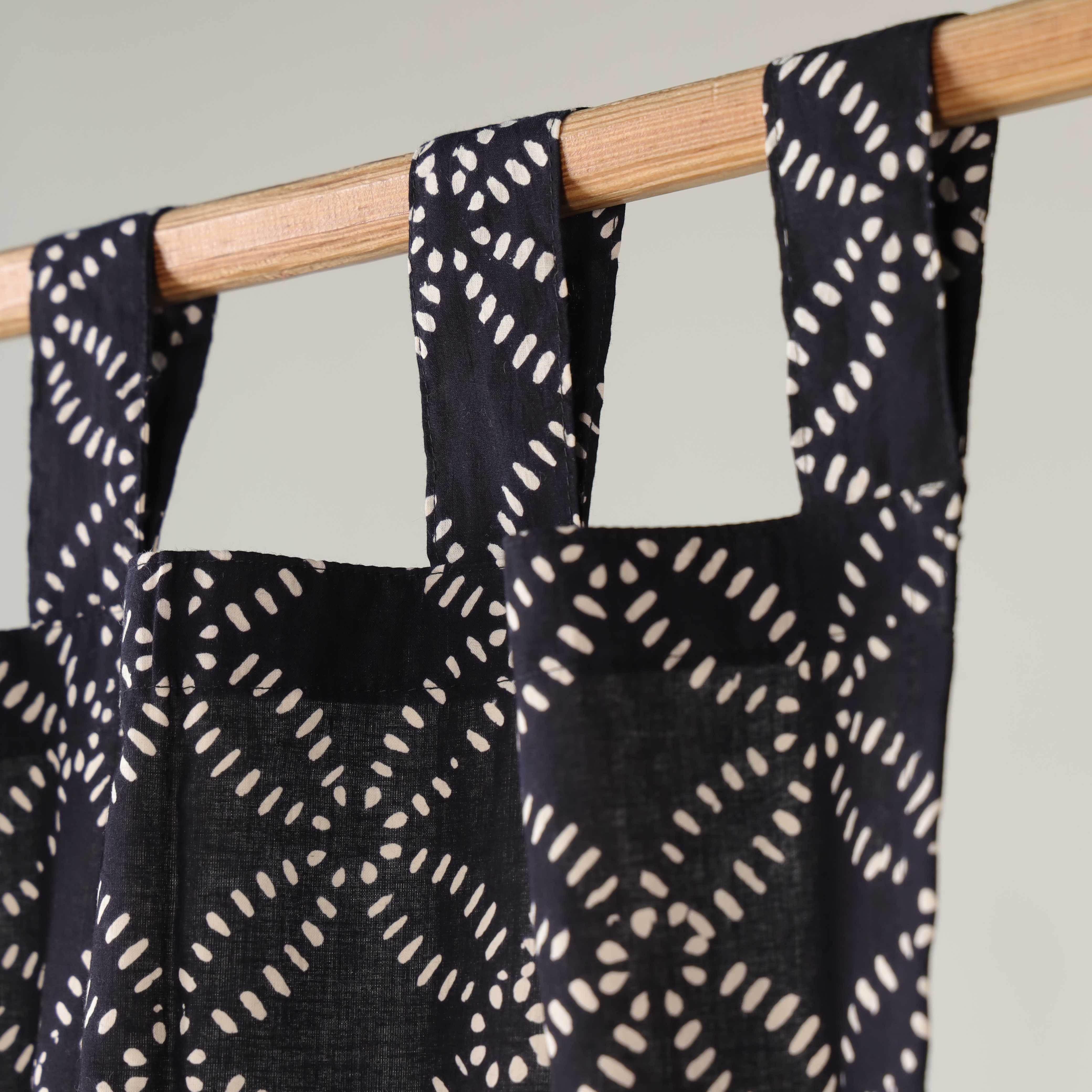 Midnight Charcoal Geo-Leaf Cotton Curtain – Artisanal Single Panel