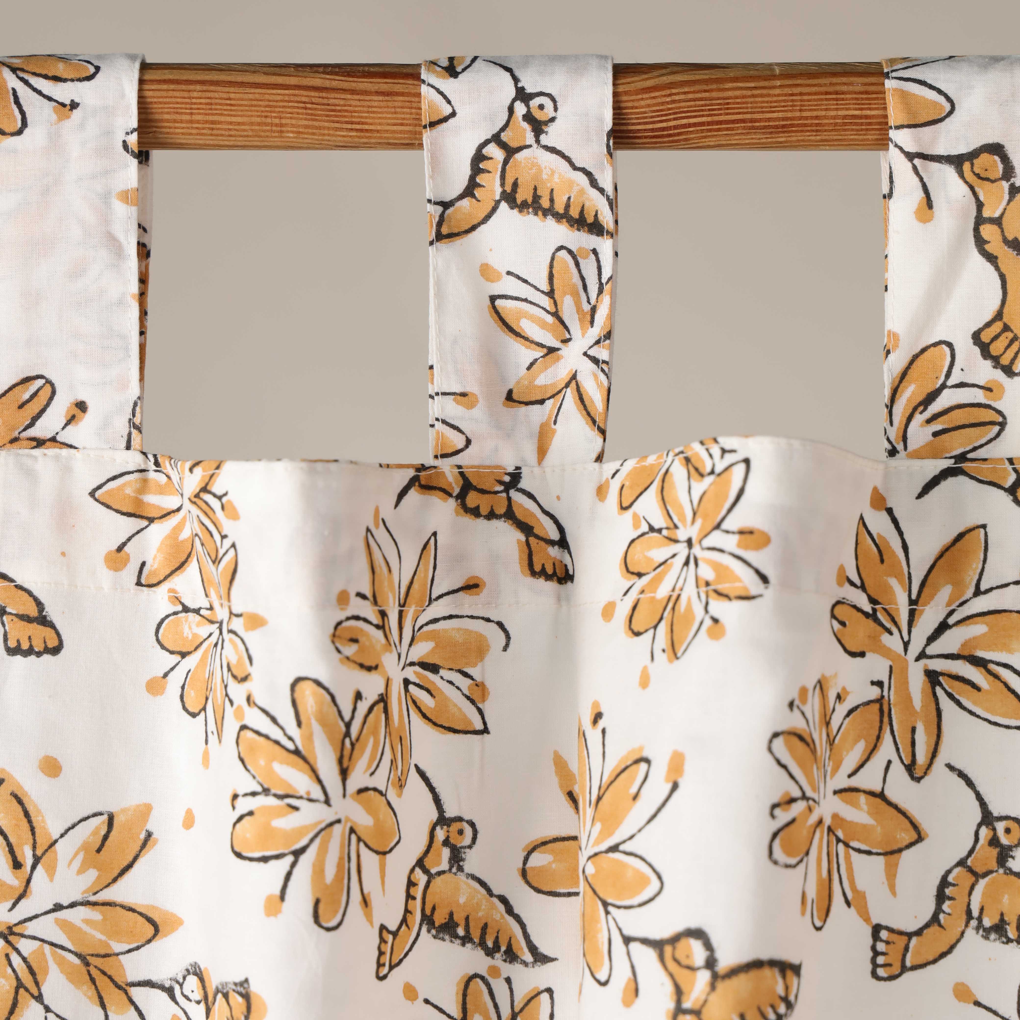 Premium 100% Cotton Hummingbird & Floral Curtain - Modern Farmhouse Single Panel (Gold/Ochre)
