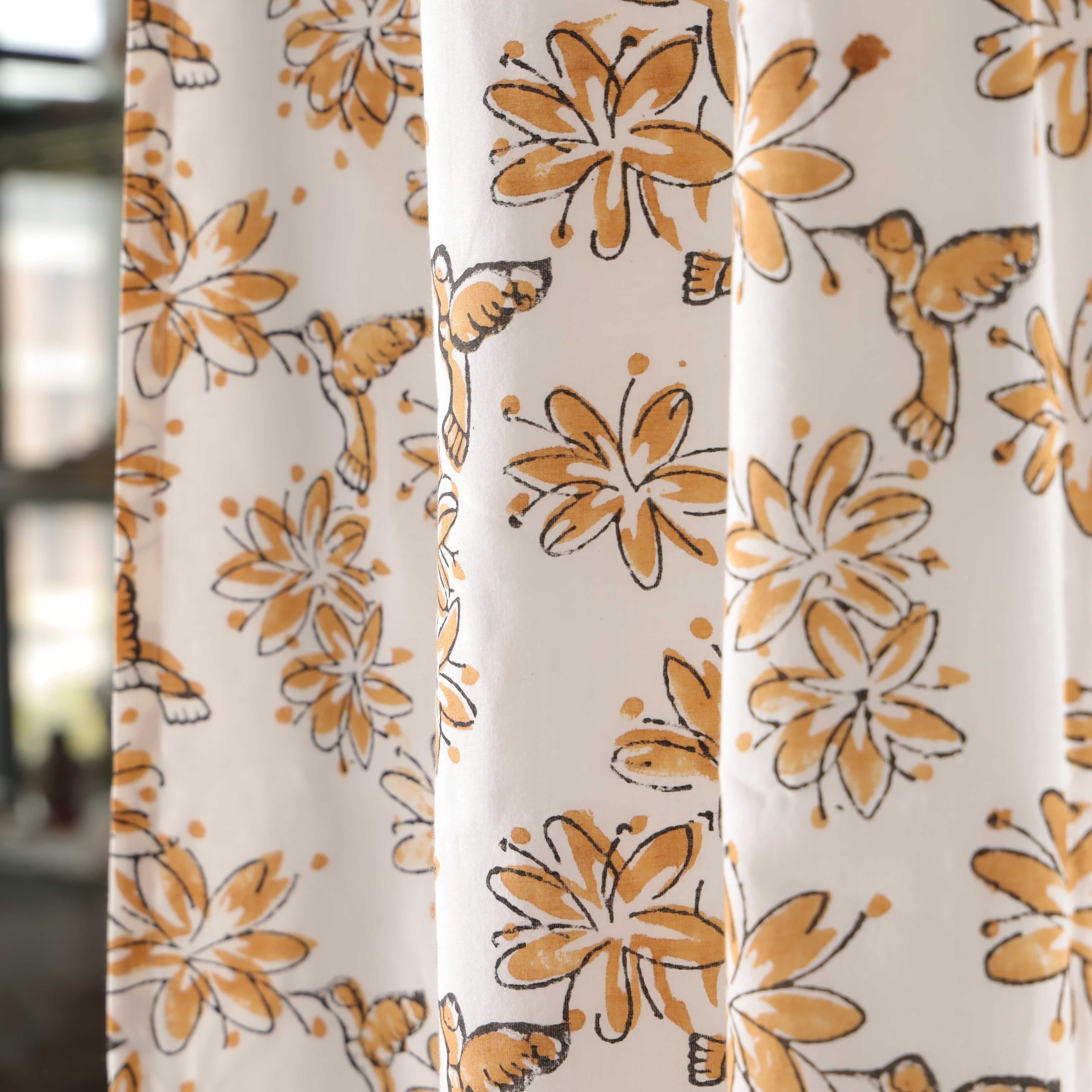 Premium 100% Cotton Hummingbird & Floral Curtain - Modern Farmhouse Single Panel (Gold/Ochre)