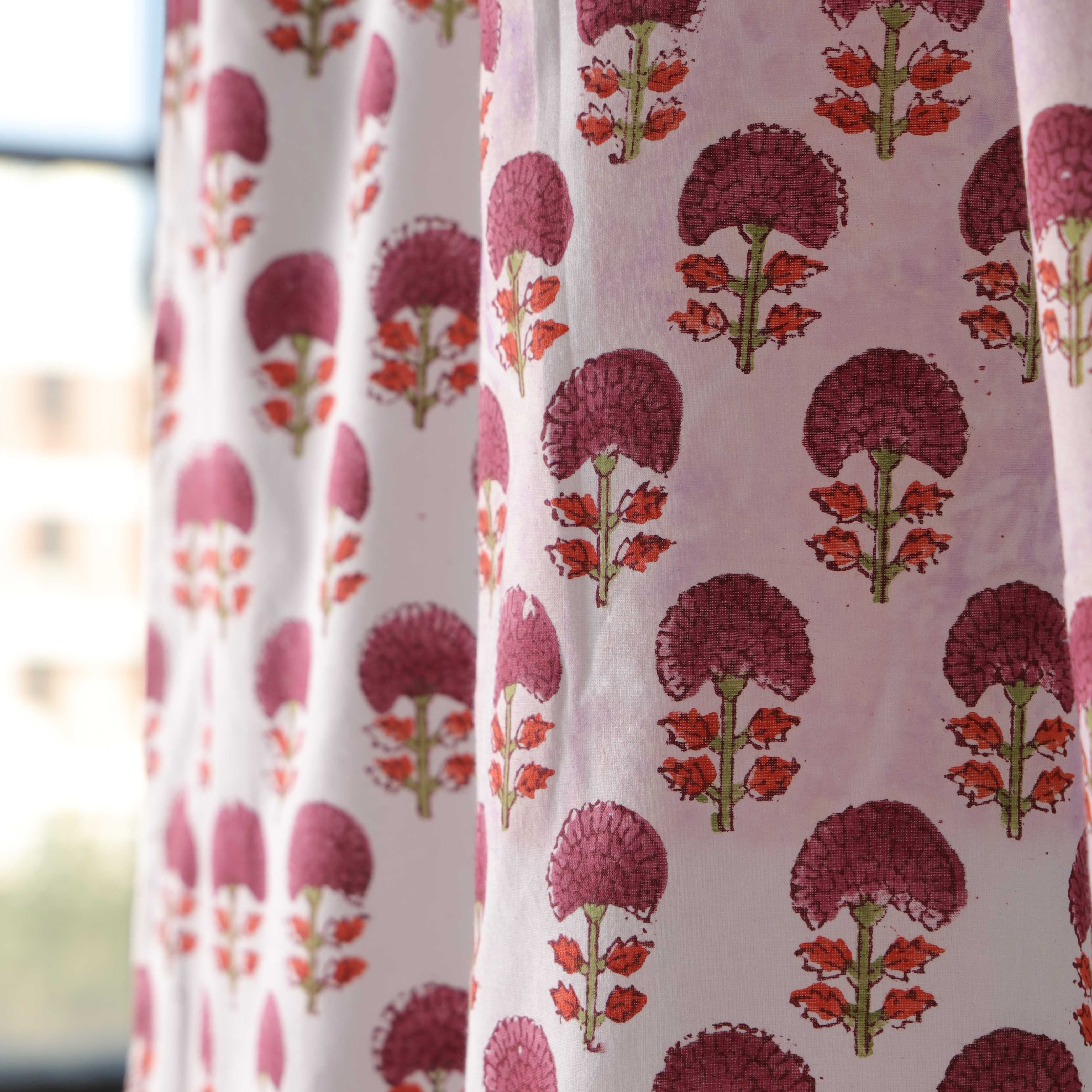 Burgundy Floral Bud Cotton Curtain – Handcrafted Single Panel Drapery