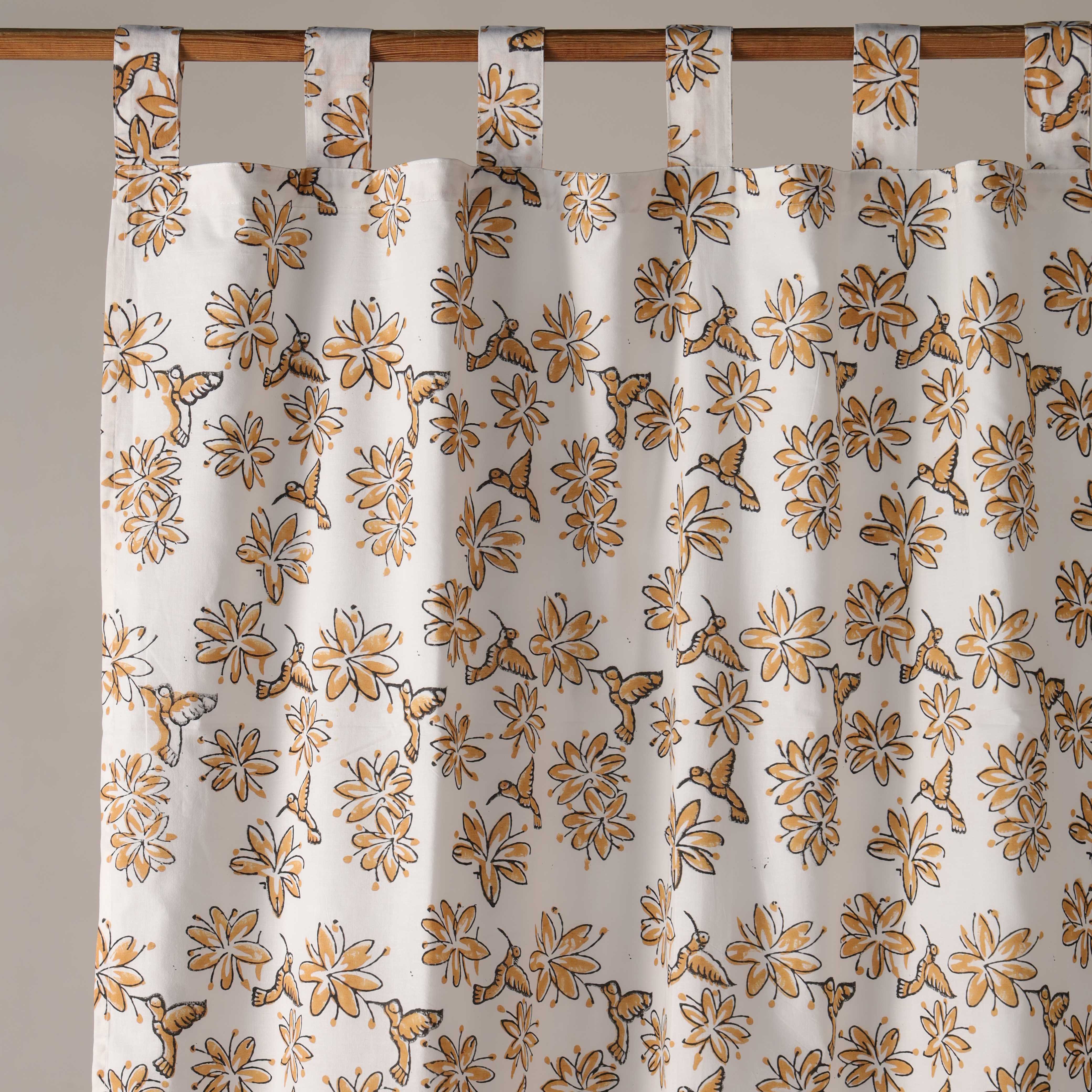 Golden Hummingbird & Floral Cotton Curtain – Handcrafted Single Panel