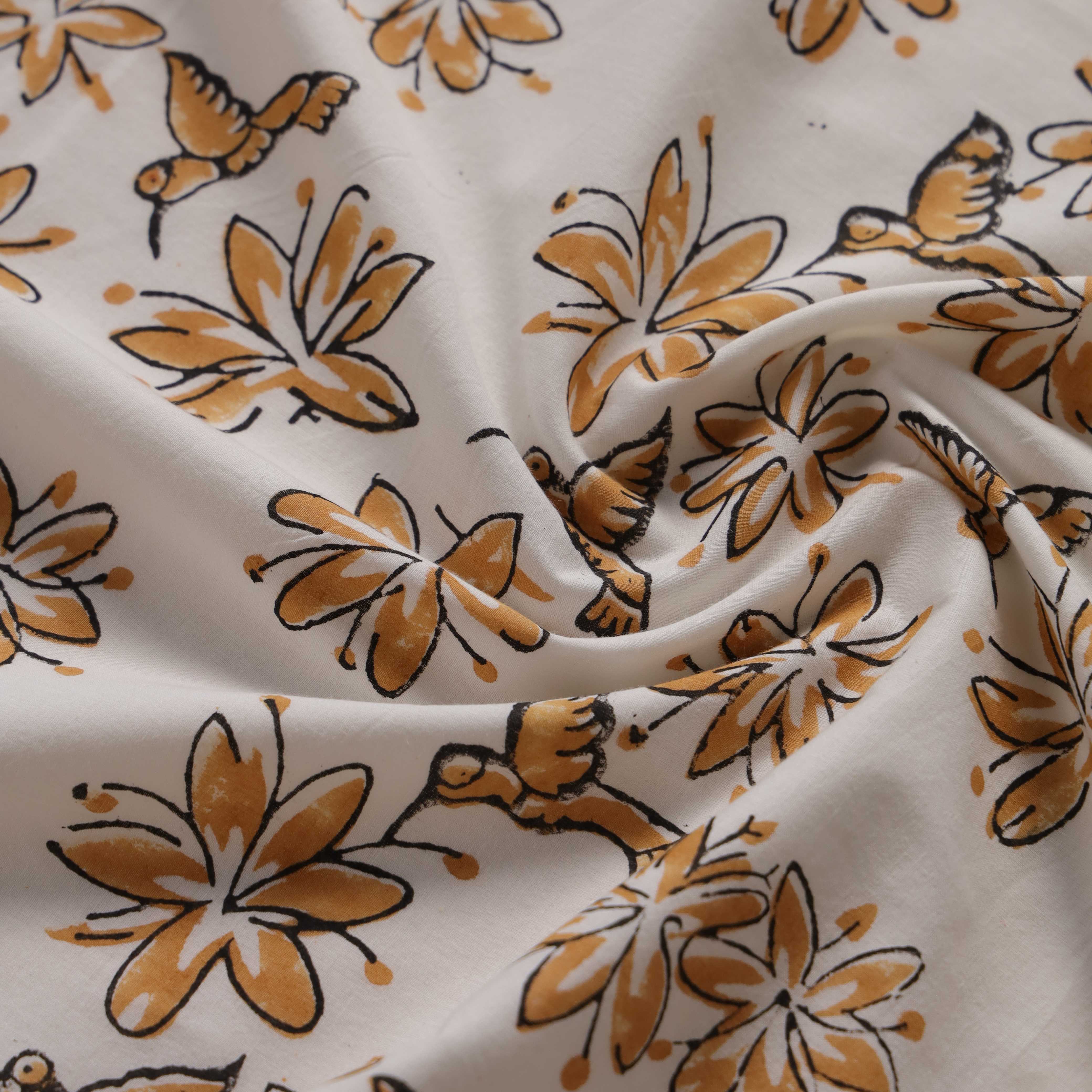 Golden Hummingbird & Floral Cotton Curtain – Handcrafted Single Panel