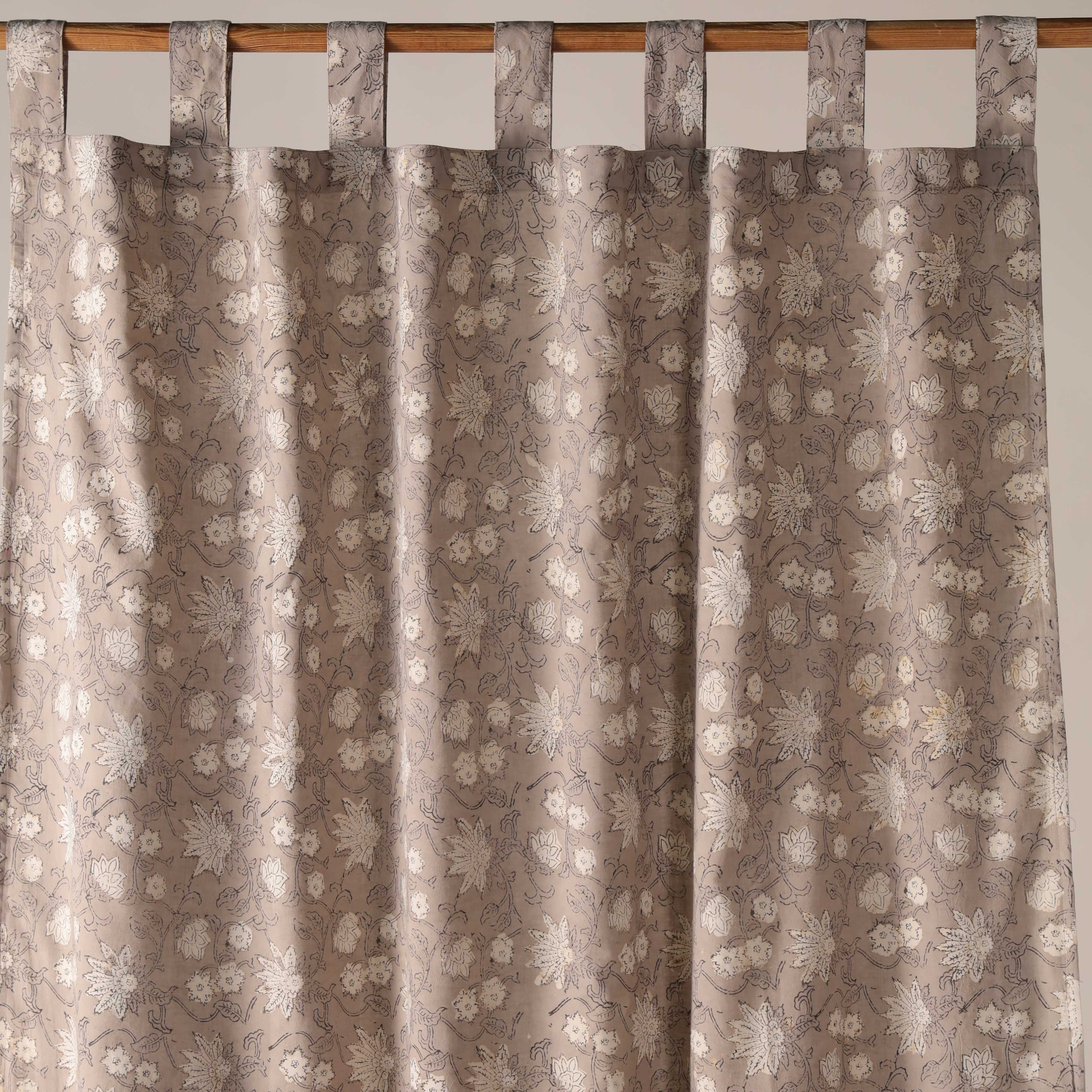 Earthy Taupe Wildflower Cotton Curtain – Single Panel Tab Top Window Drapery
